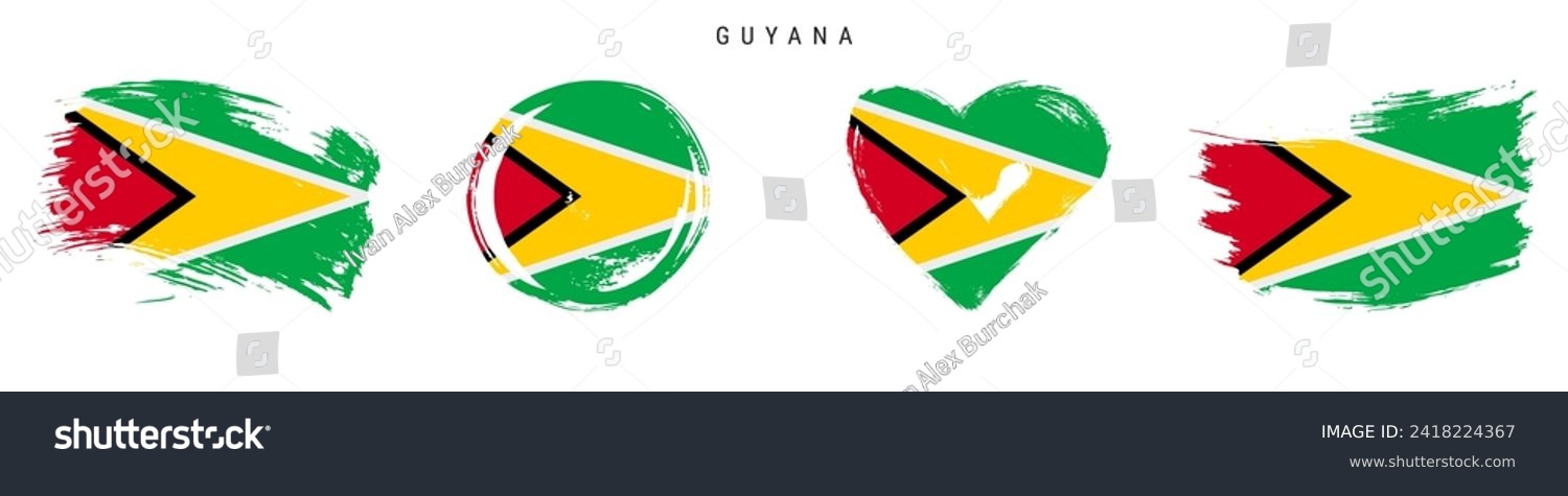 SVG of Guyana hand drawn grunge style flag icon set. Guyanese banner in official colors. Free brush stroke shape, circle and heart-shaped. Flat vector illustration isolated on white. svg