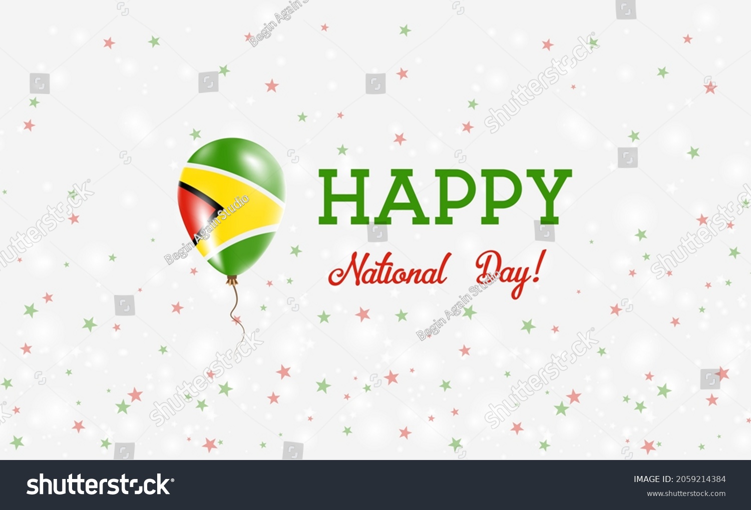 SVG of Guyana National Day patriotic poster. Flying Rubber Balloon in Colors of the Guyanese Flag. Guyana National Day background with Balloon, Confetti, Stars, Bokeh and Sparkles. svg