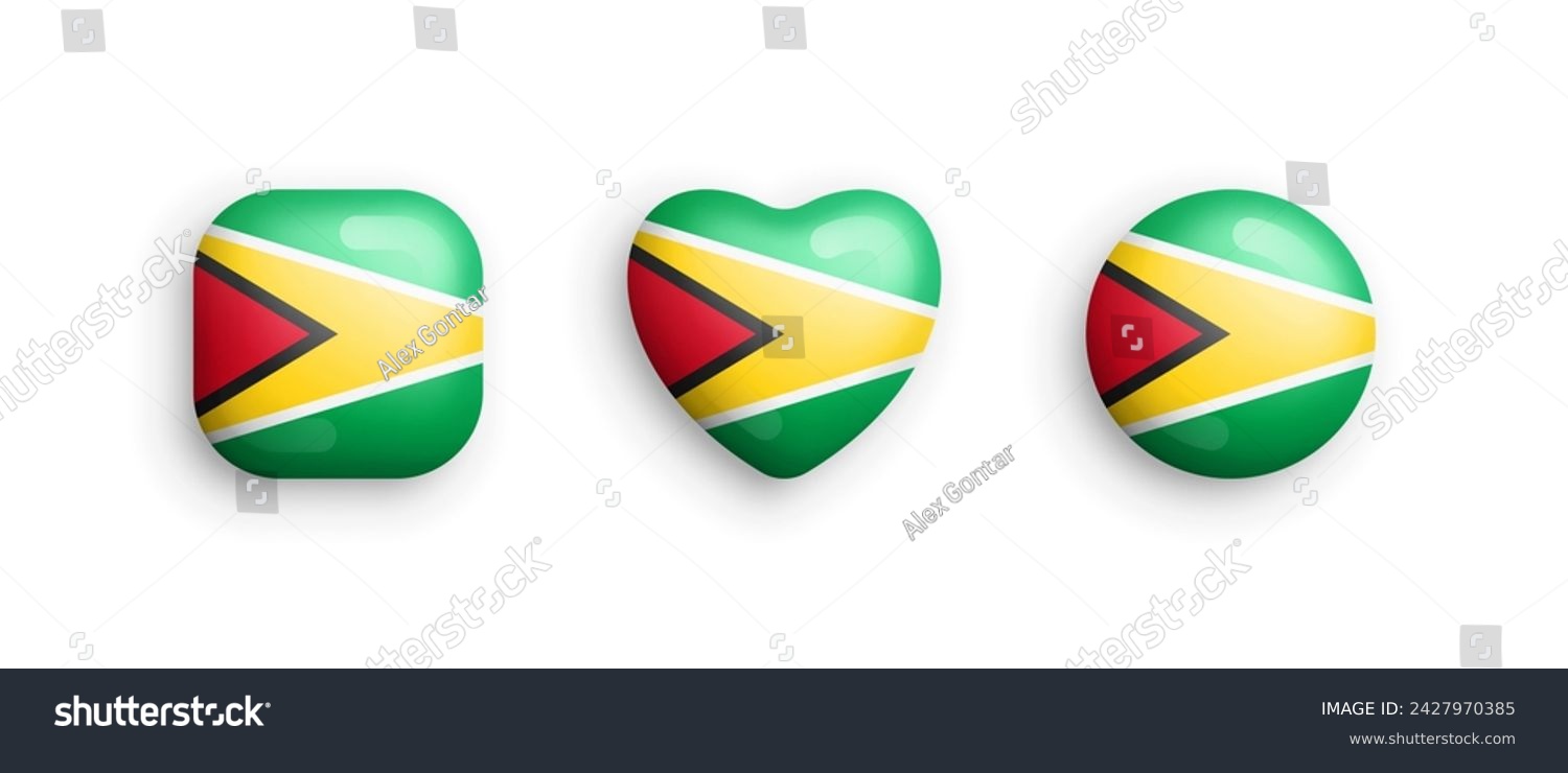 SVG of Guyana Official National Flag 3D Vector Glossy Icons In Rounded Square, Heart And Circle Shapes Isolate On White. Guyanese Sign And Symbols Graphic Design Elements Three Dimensional Buttons Collection svg