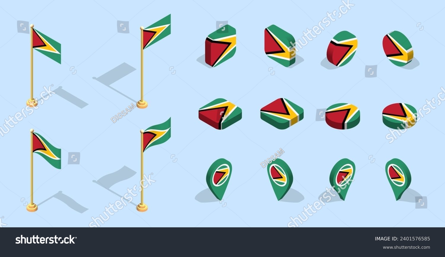 SVG of Guyanese flag (Co-operative Republic of Guyana). 3D isometric flag set icon. Editable vector for banner, poster, presentation, infographic, website, apps, maps, and other uses. svg