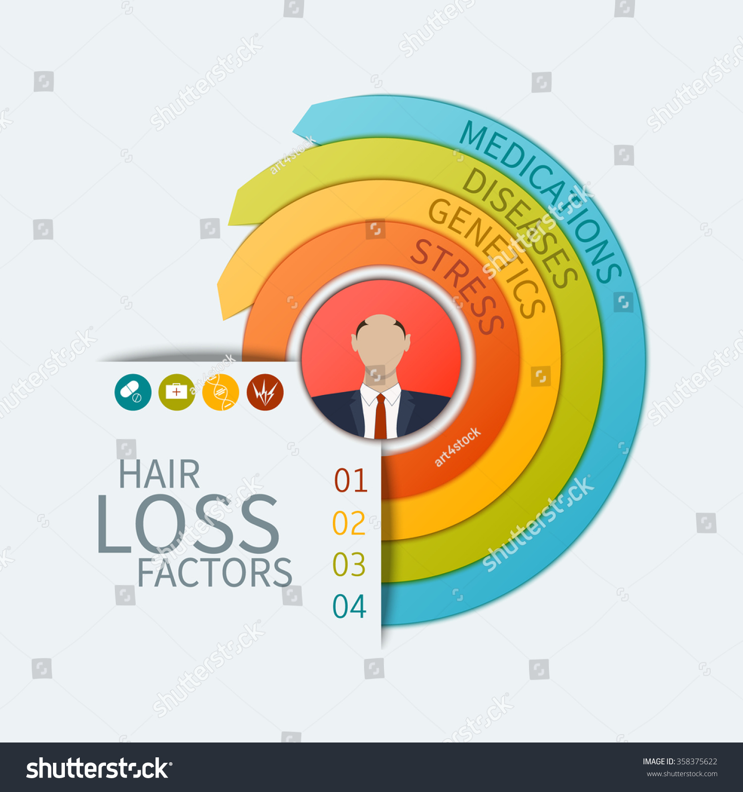 SVG of Hair loss infographic arrow business chart. Four baldness factors - stress, genetics, diseases and medications. Alopecia concept. Isolated vector illustration. svg