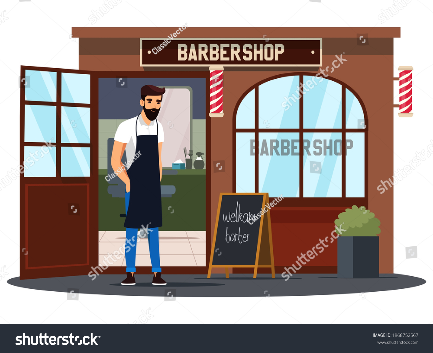 605 Barber Shop Door Stock Vectors Images Vector Art Shutterstock   Stock Vector Hairdresser In Barber Shop Small Business Open Entrance Vector Illustration Owner Of Hairdressing 1868752567 