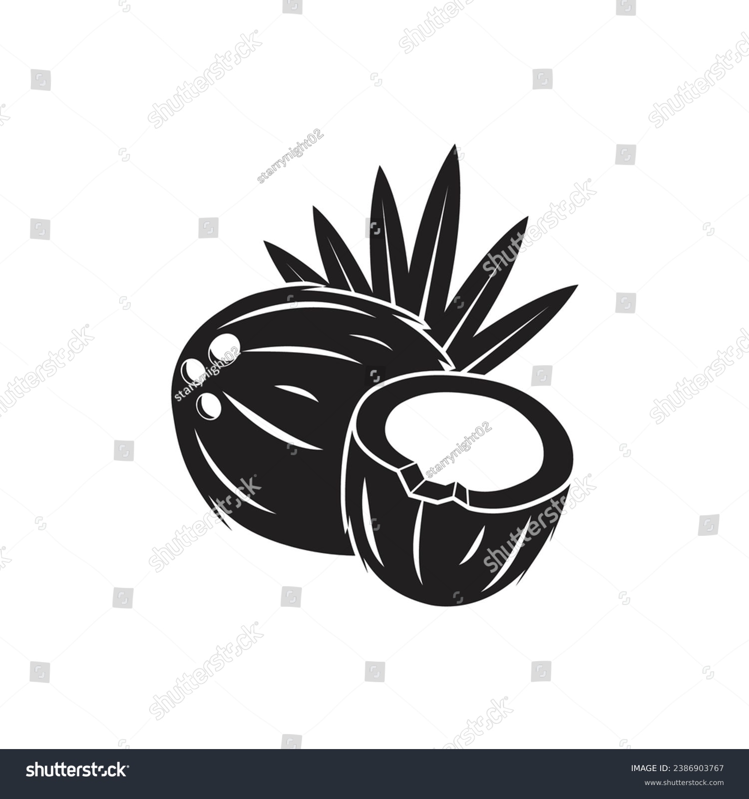 black coconut fruit with leaves clip art preview