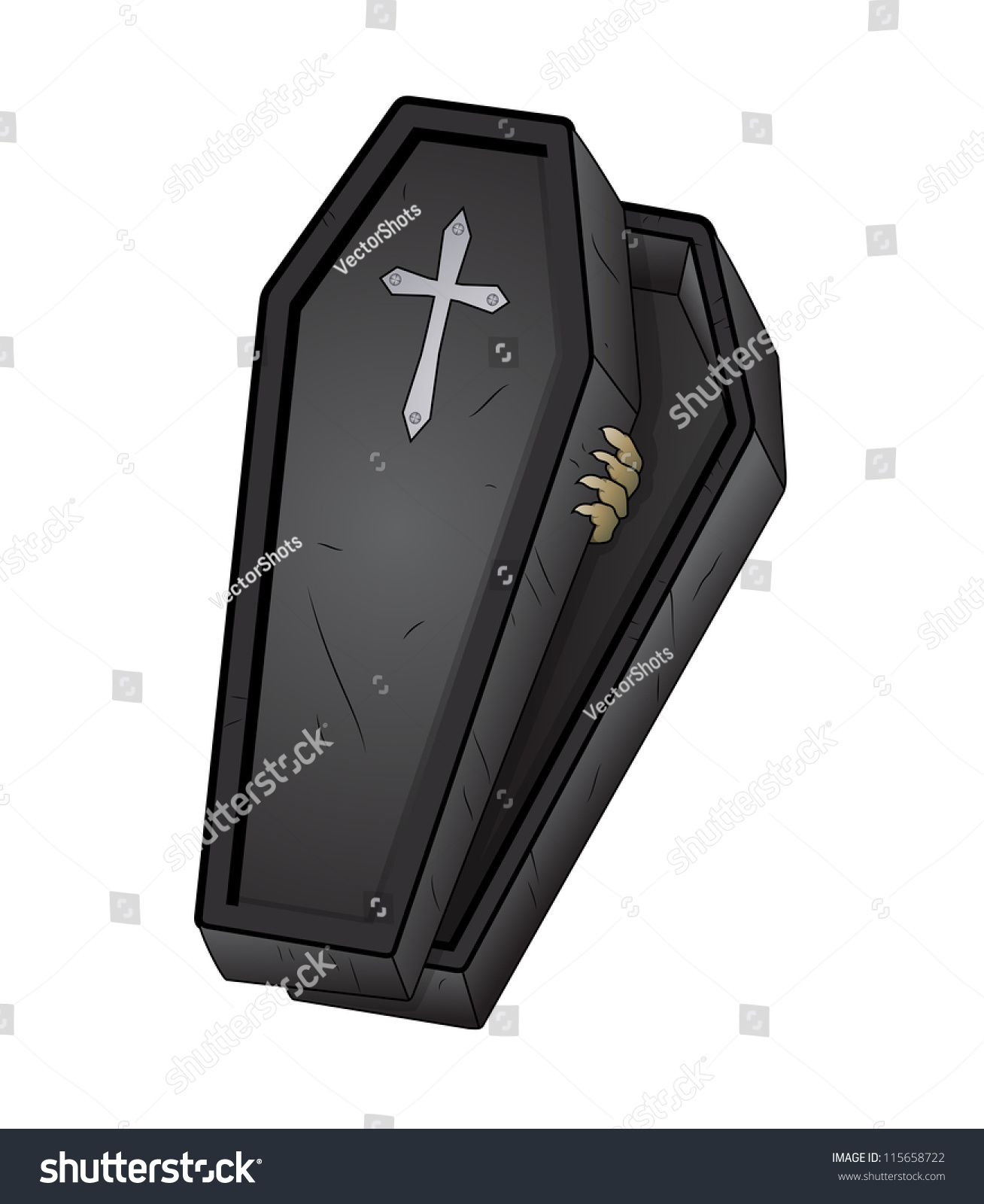 black coffin with cross and zombie hand clip art preview