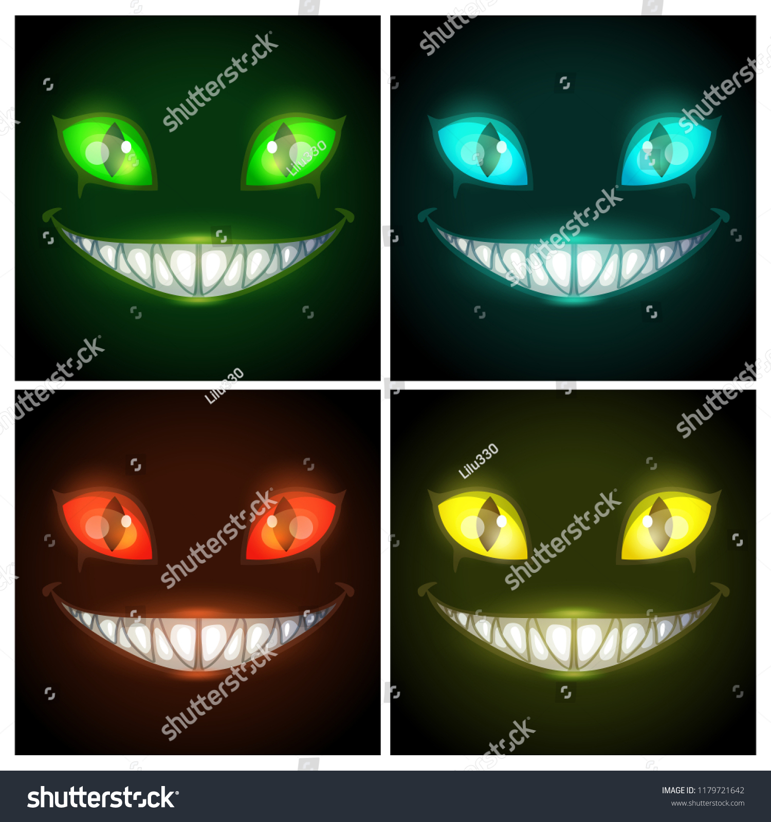 SVG of Halloween creepy posters set. Fantasy scary smiling evil animal face on the black background. Cheshire Cat eyes and mouth, vector illustration. Nightmare fantasy creature. svg