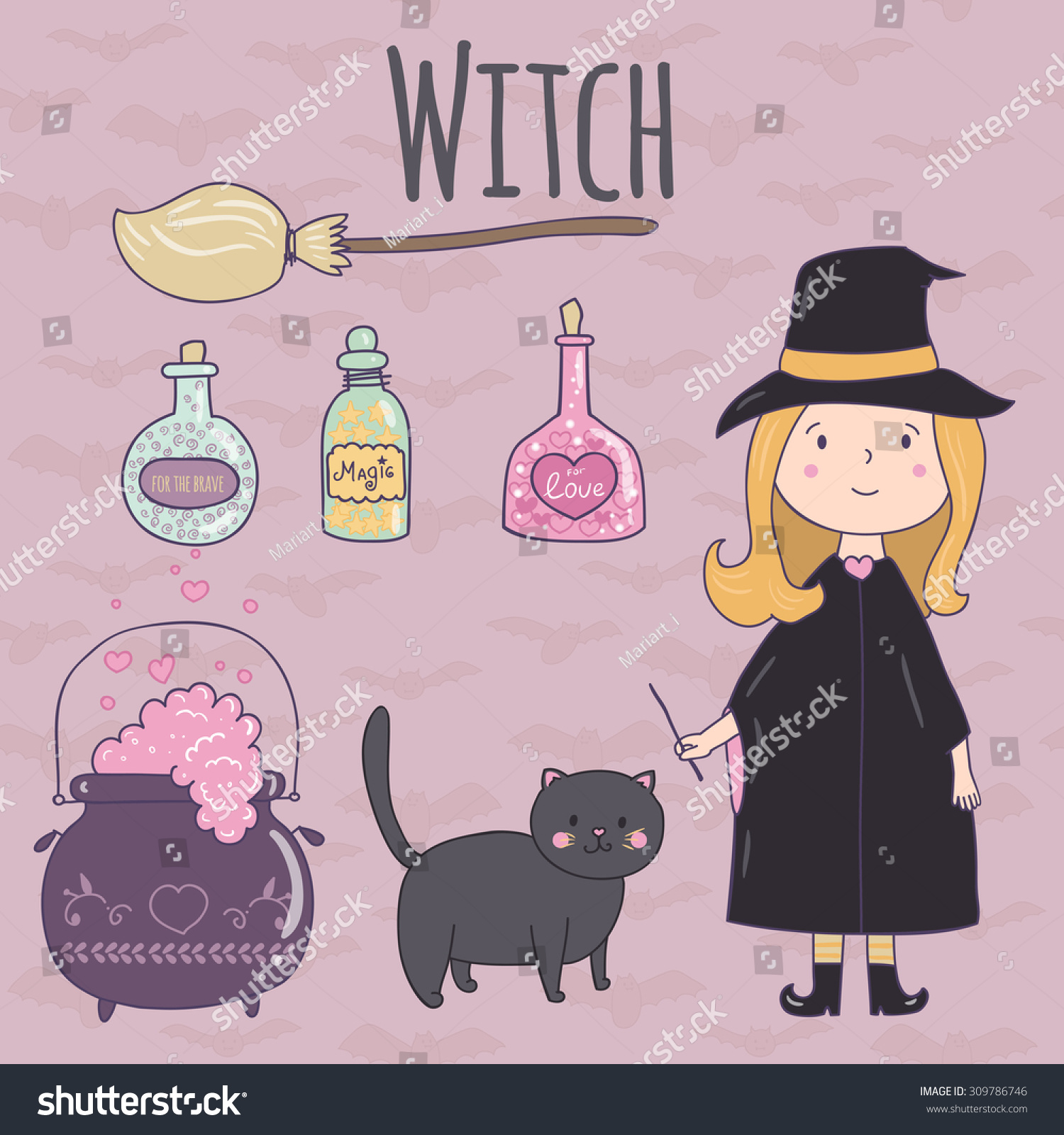 Halloween Cute Illustration Witchwitch Broom Cauldron Stock Vector Royalty Free 309786746