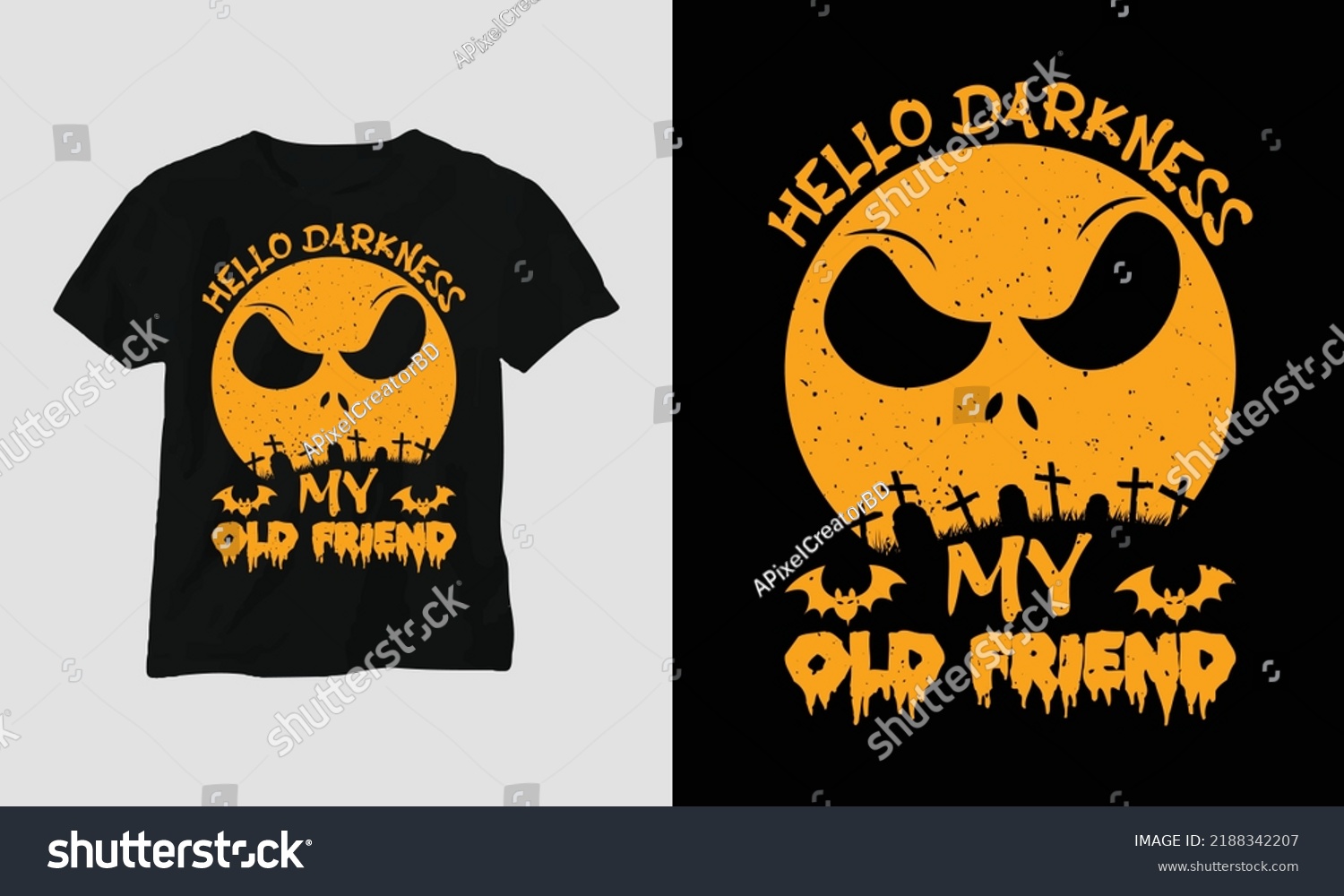 SVG of Halloween Day Special T-shirt Graphic with “hello darkness my old friend” Design vector Graphic Design T-Shirt, mag, sticker, wall mat, etc. Design vector Graphic Template svg