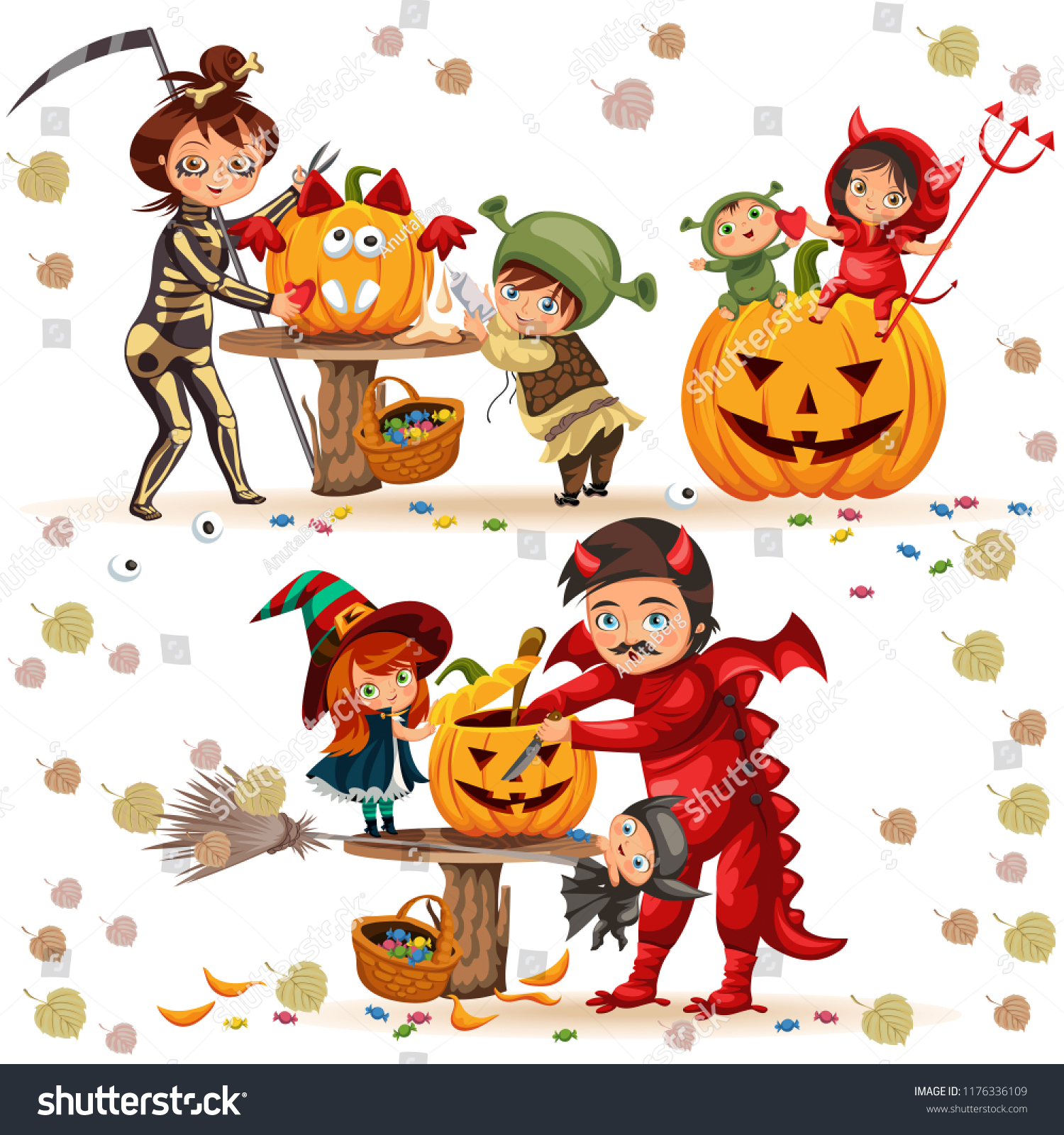 SVG of Halloween family colorful set vector illustration. Mother and father with children dressed in mystery costumes of dragon death witch devil and shrek. Horror party concept. svg