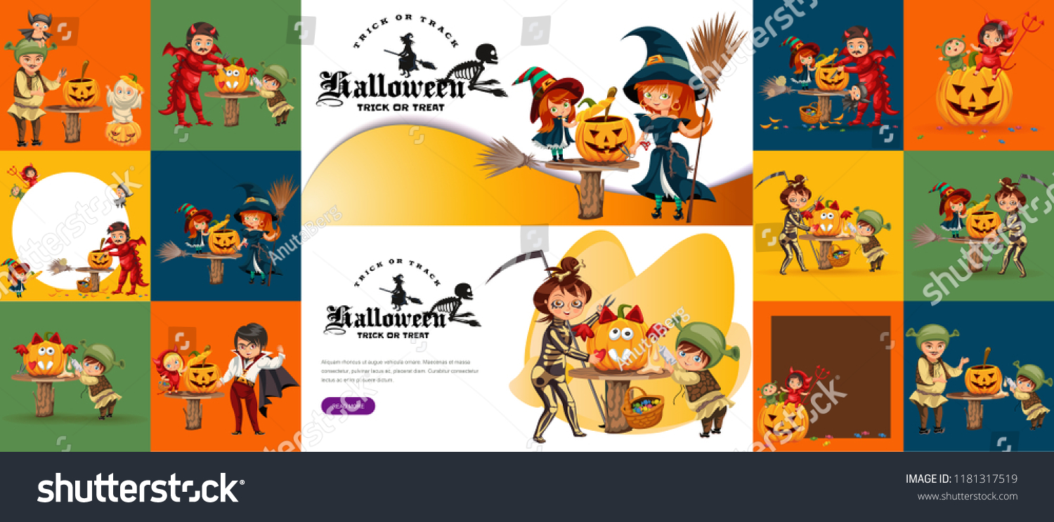 SVG of Halloween family set vector illustration. Mother father children dressed mystery costumes of dragon death witch devil and shrek. Horror concept template design promo text elements colorful background svg