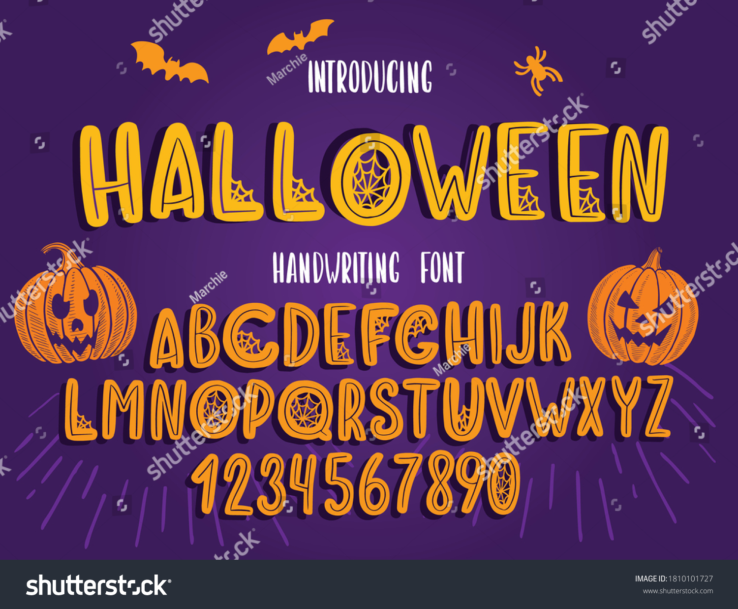 SVG of Halloween font. Typography alphabet with colorful spooky and horror illustrations. Handwritten script for holiday party celebration and crafty design. Vector with hand-drawn lettering. svg
