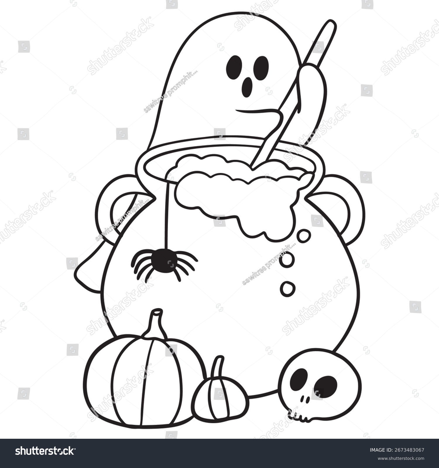 halloween ghost stirring cauldron black and white clip art preview