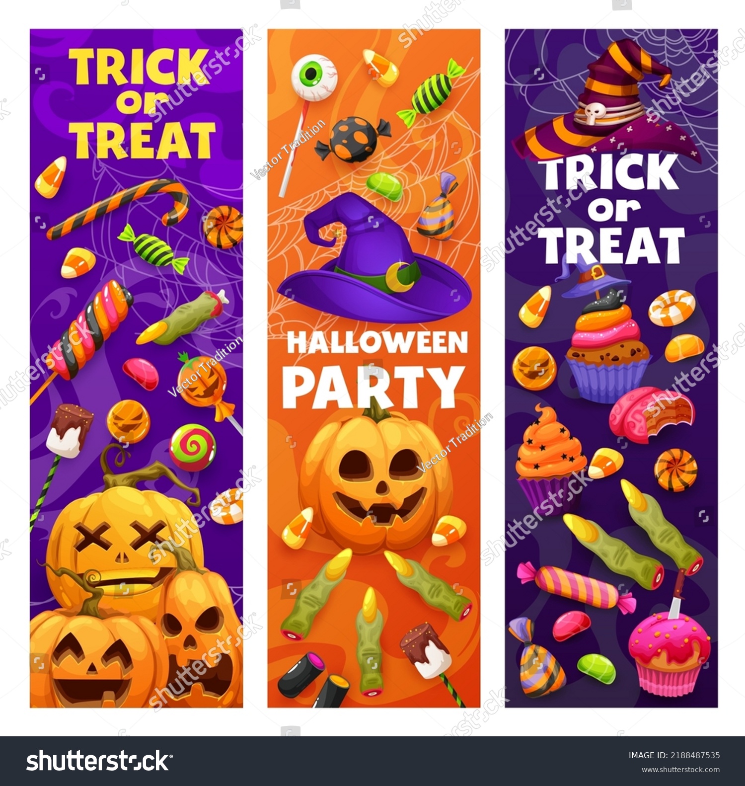 SVG of Halloween holiday banners of cartoon Halloween sweets and candies with witch hat and cobweb. Vector horror night pumpkin lanterns, cakes or cupcakes, candy corn, witch finger cookies and lollipops svg