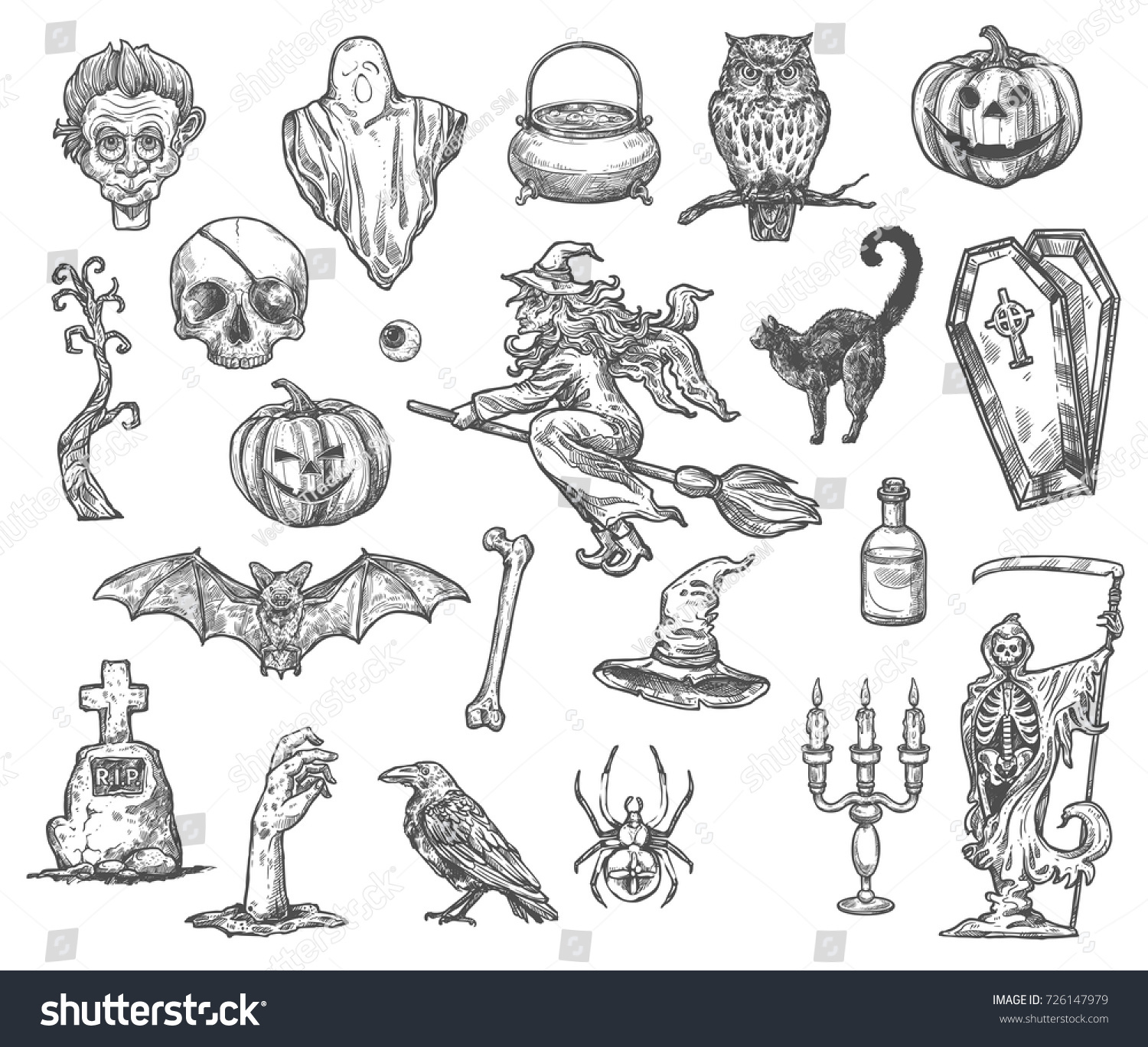 Halloween Monsters Symbols Vector Sketch Icons Stock Vector (Royalty ...