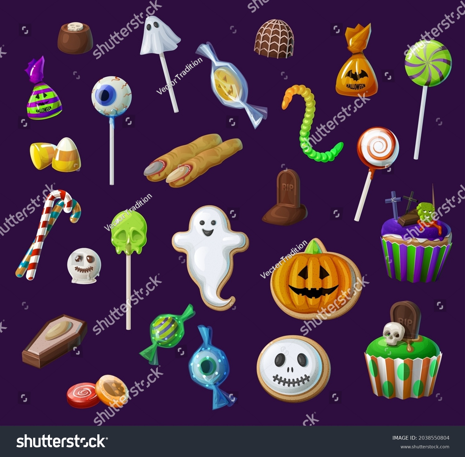 SVG of Halloween sweets, lollypops and candies, cupcakes, candy corn and witch fingers. Halloween creepy treats set, scary chocolate candies and cookies with skull, ghost and pumpkin, eye, worm and grave, svg
