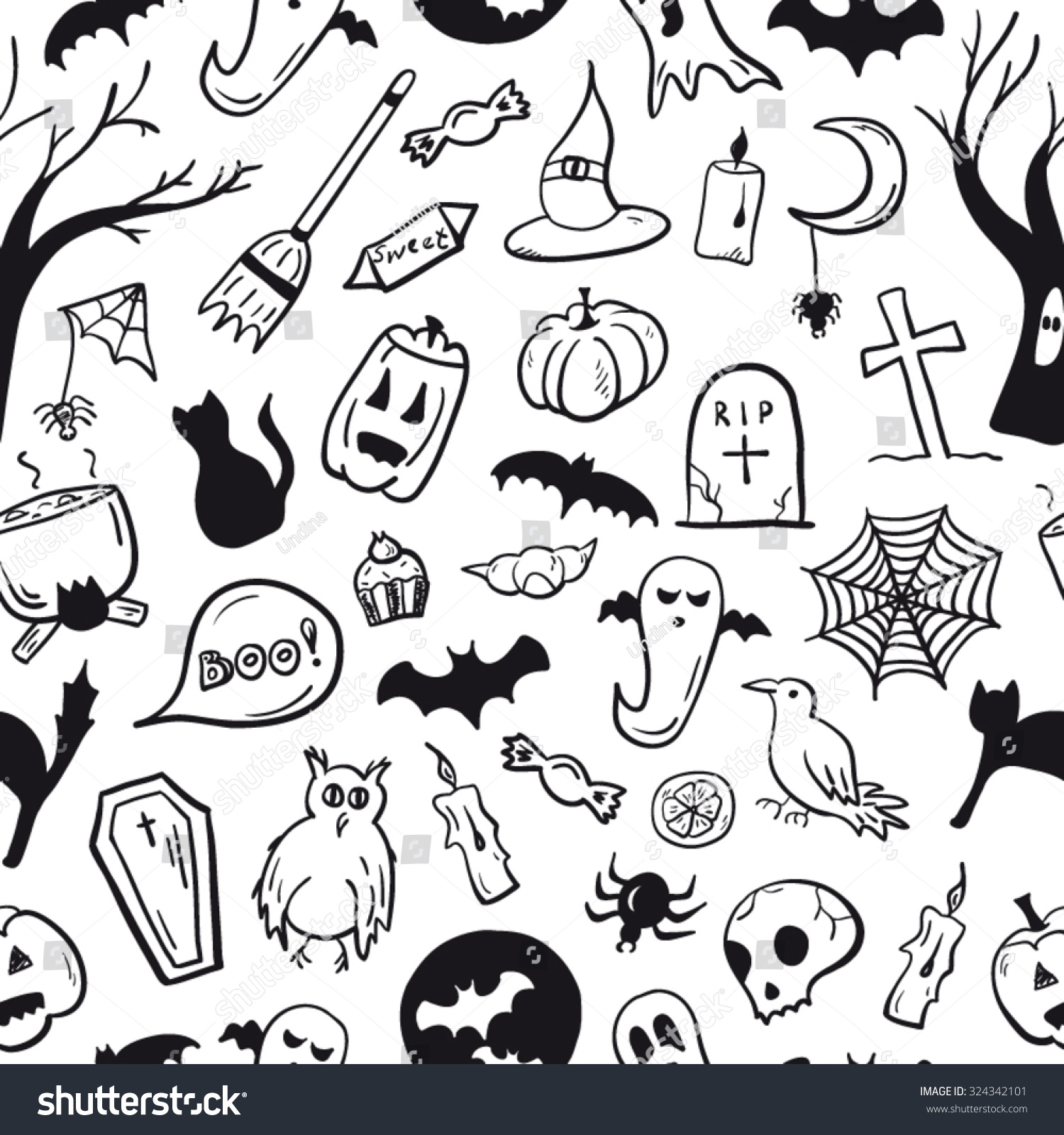 Halloween Symbols Seamless Pattern Black White Stock Vector 324342101 ...