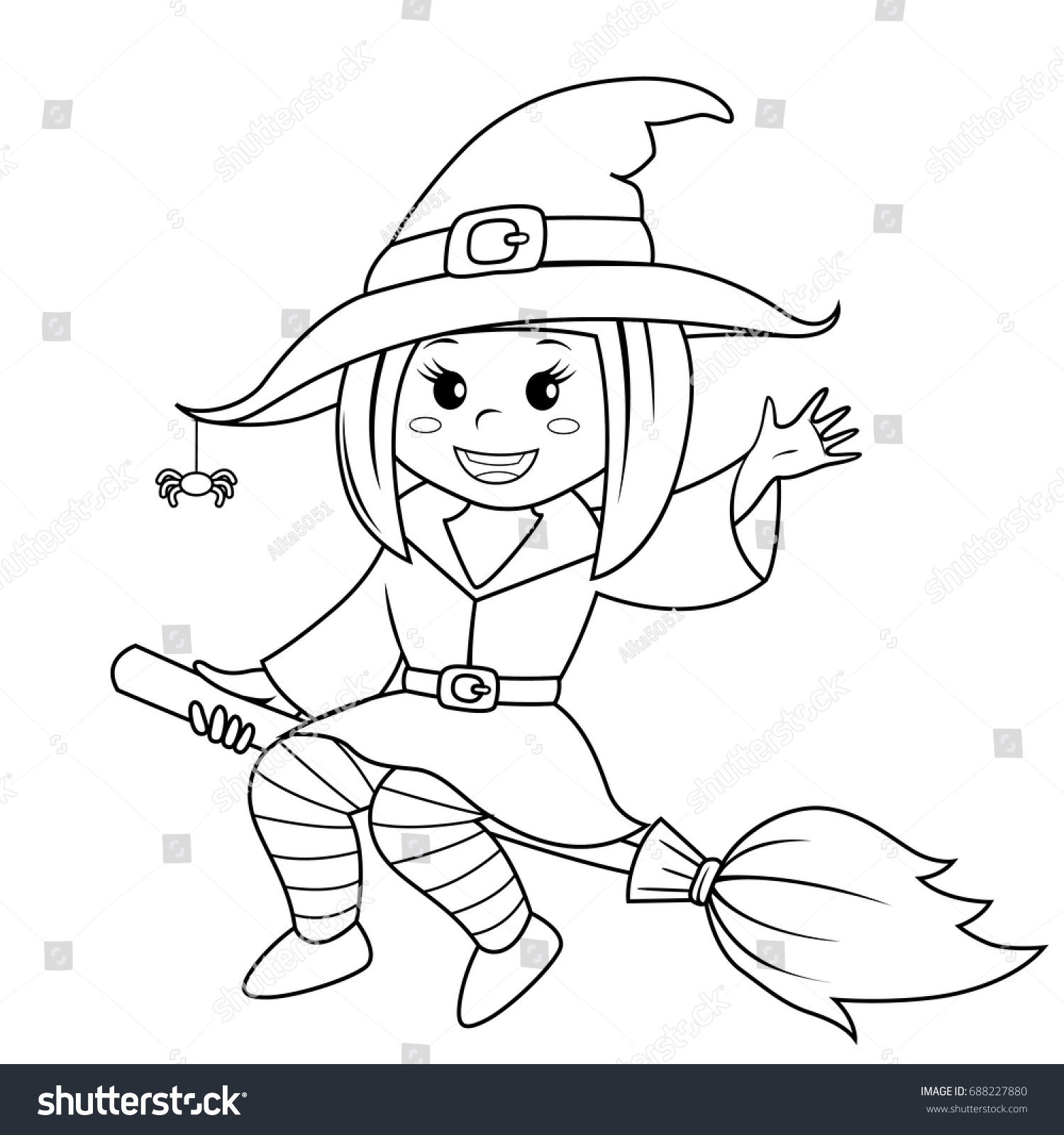 Halloween witch flying on broom Black and white vector illustration for coloring book