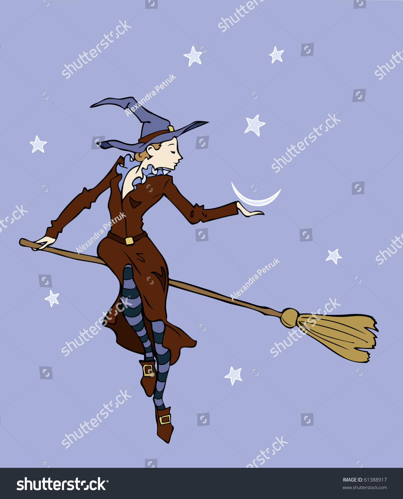 Halloween Witch On A Broomstick Ready For A Night Flight Is Going To ...