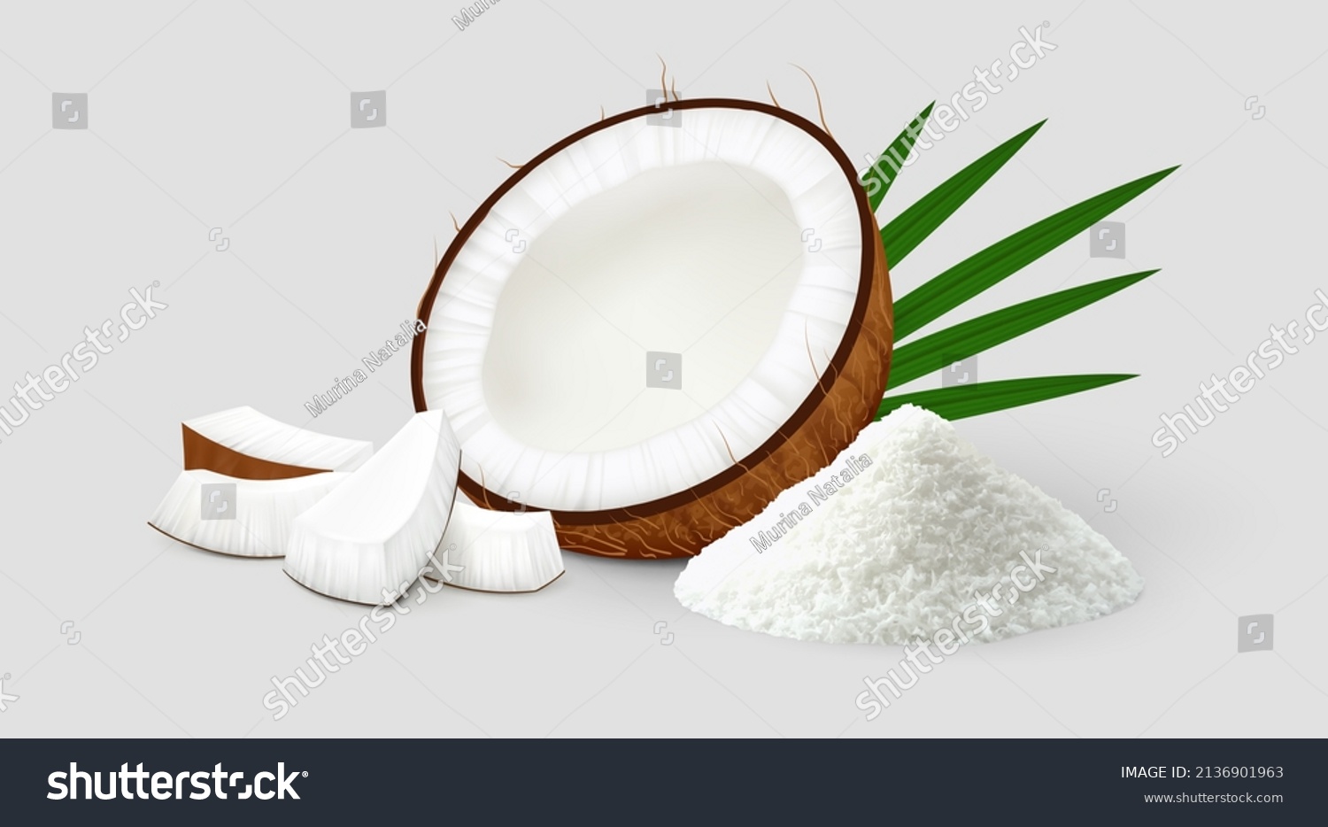 SVG of Halved coco fruit with several pieces, palm leaves and pile of coconut flakes isolated on gray background. Realistic vector illustration. Side view. svg
