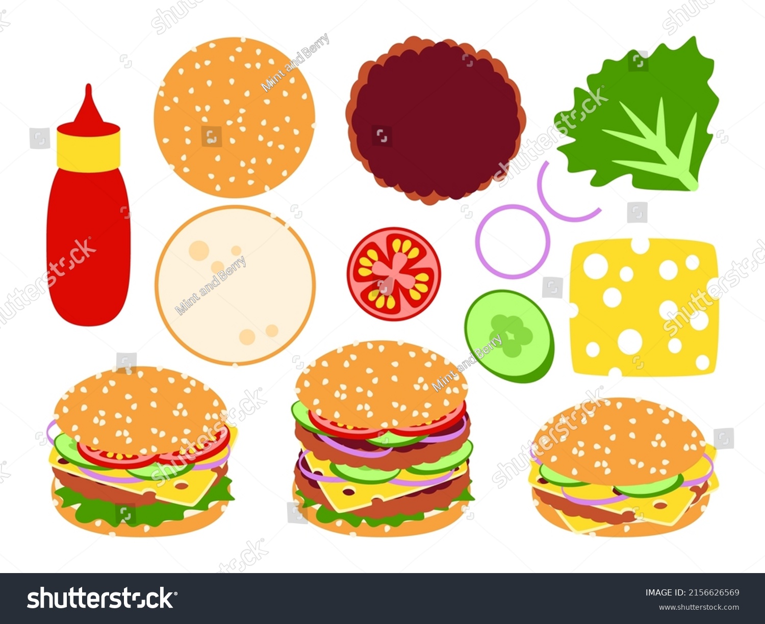 Hamburger Ingredients Burger Cheeseburger Cooking Fast Stock Vector ...