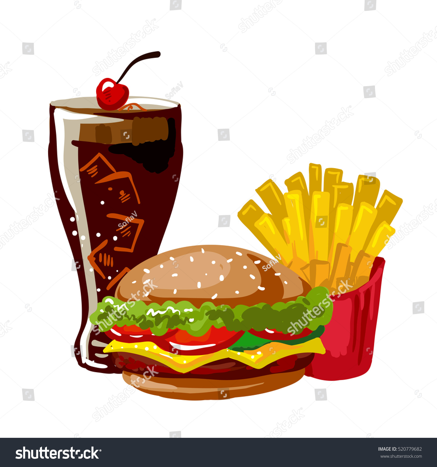 Hamburger Cheeseburger French Fries Glass Cola Stock Vector 520779682 ...