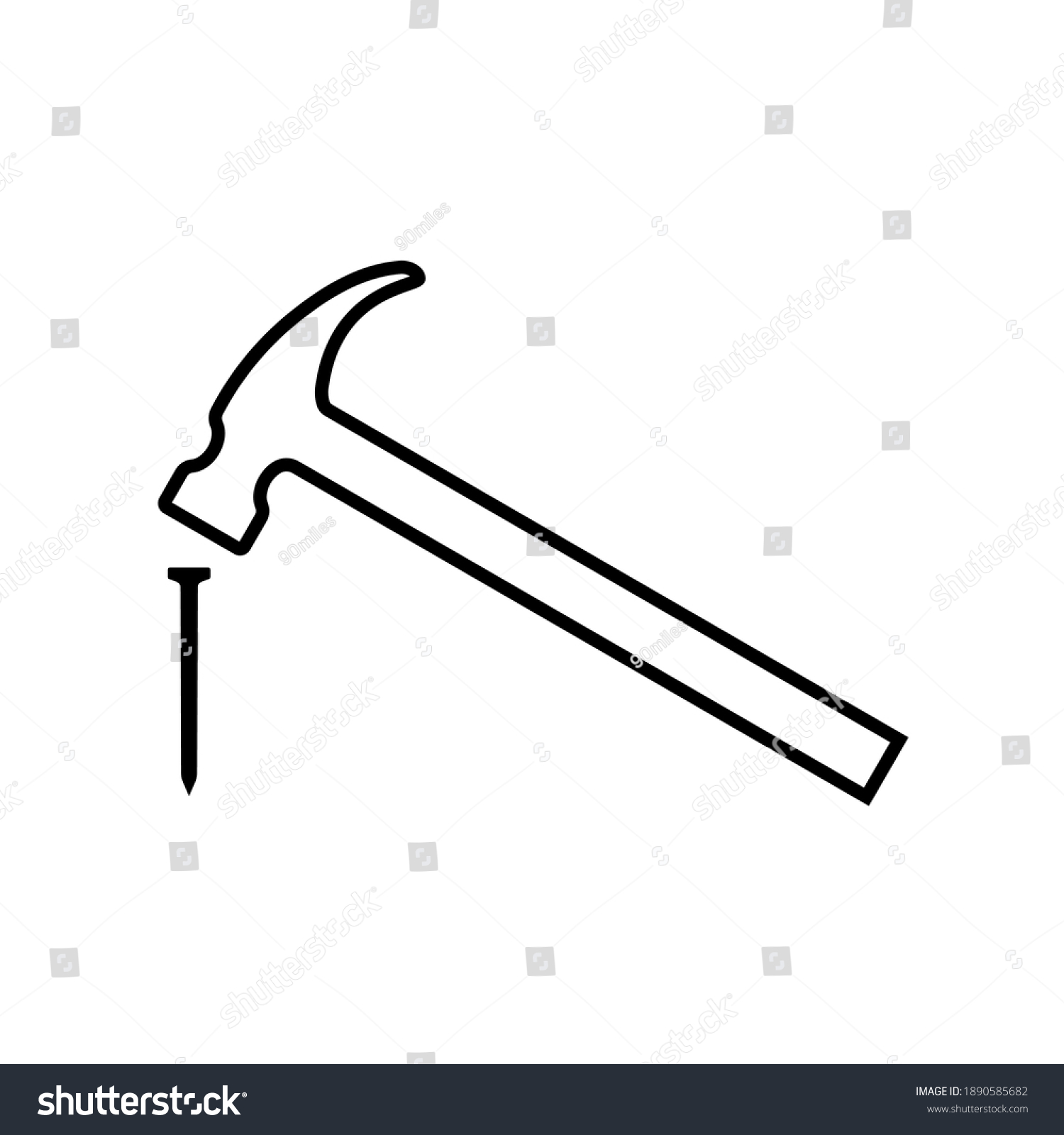 SVG of Hammer hitting nail line icon. Modern claw hammer with weighted metal head. Vector Illustration svg