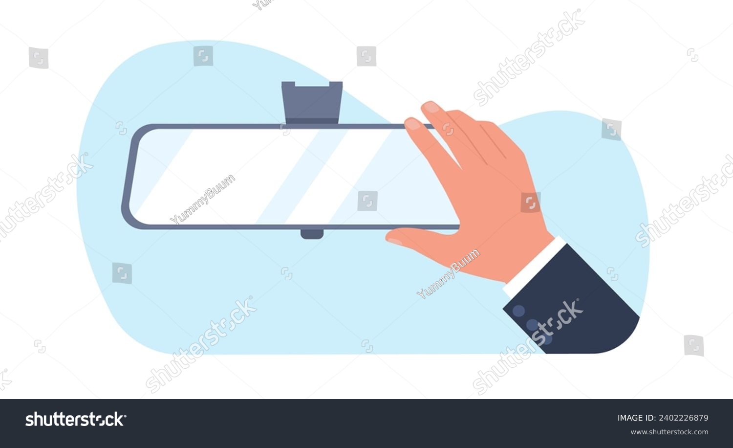 SVG of Hand corrects rearview mirror for better view. Automobile glass frame on windshield. Arm hold auto accessory. Vehicle back control, reflection, cartoon flat style isolated vector concept svg