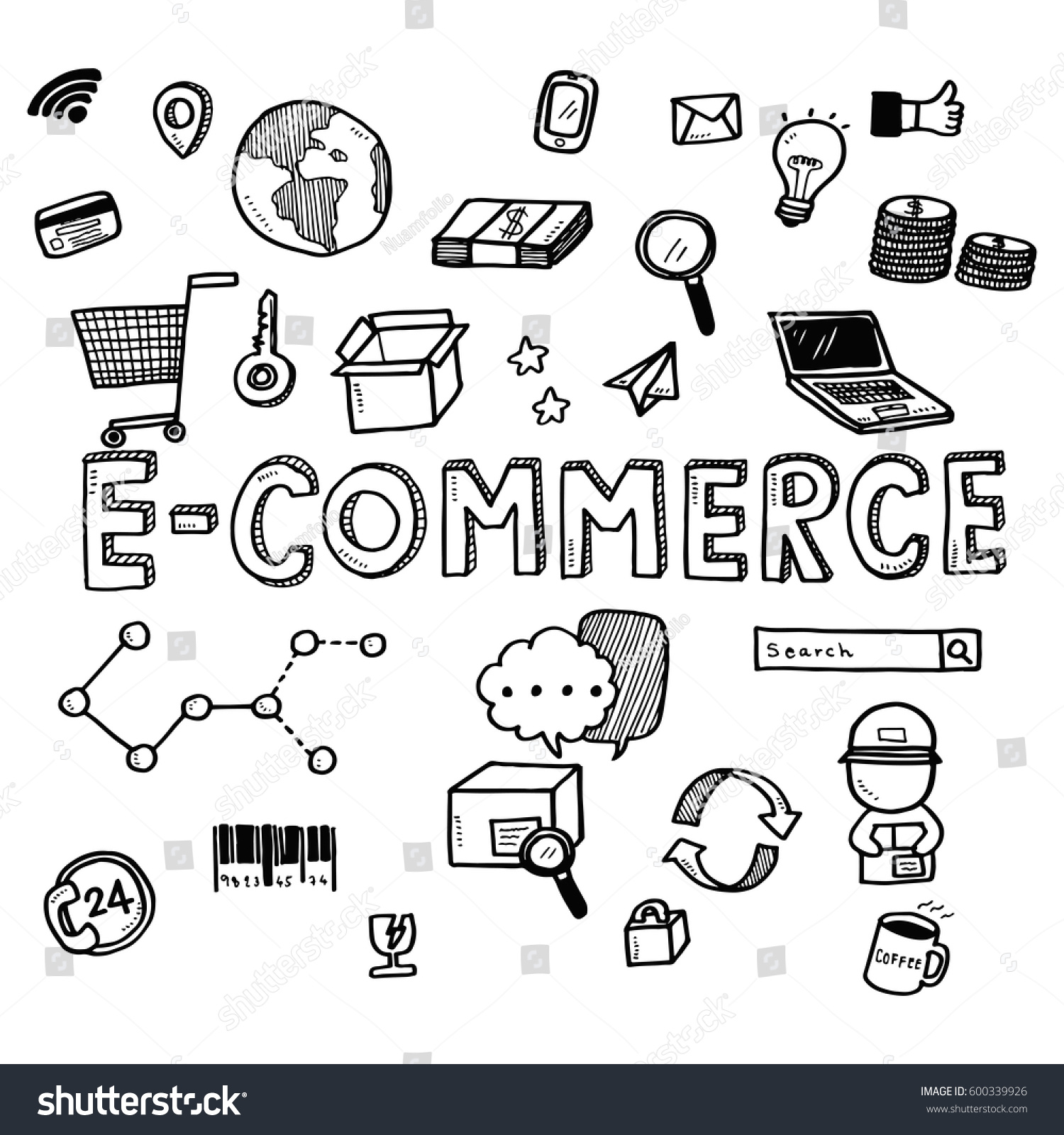 Hand Draw Business Doodles Ecommerce Icons Stock Vector Royalty
