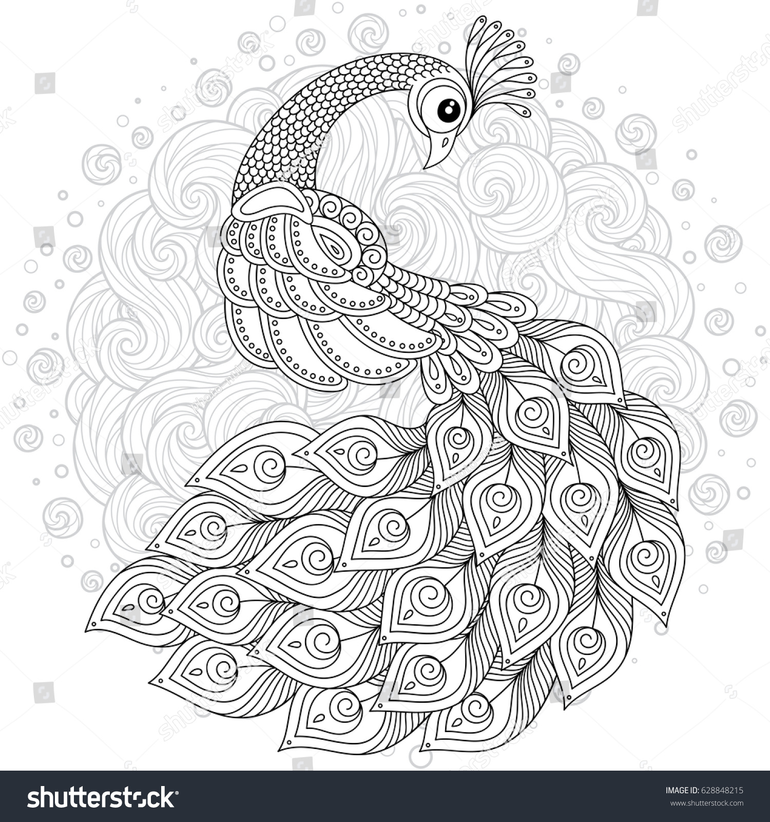 Hand drawing artistic Peacock for adult coloring pages in doodle zentangle tribal style ethnic