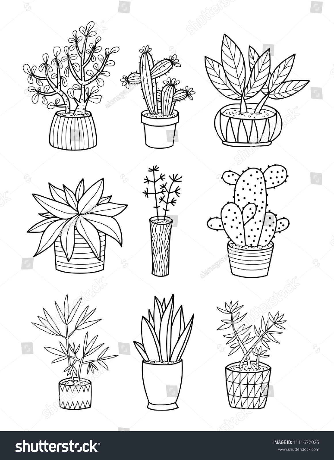 Hand Drawing Home Plants Pots Coloring Stock Vector Royalty Free ...