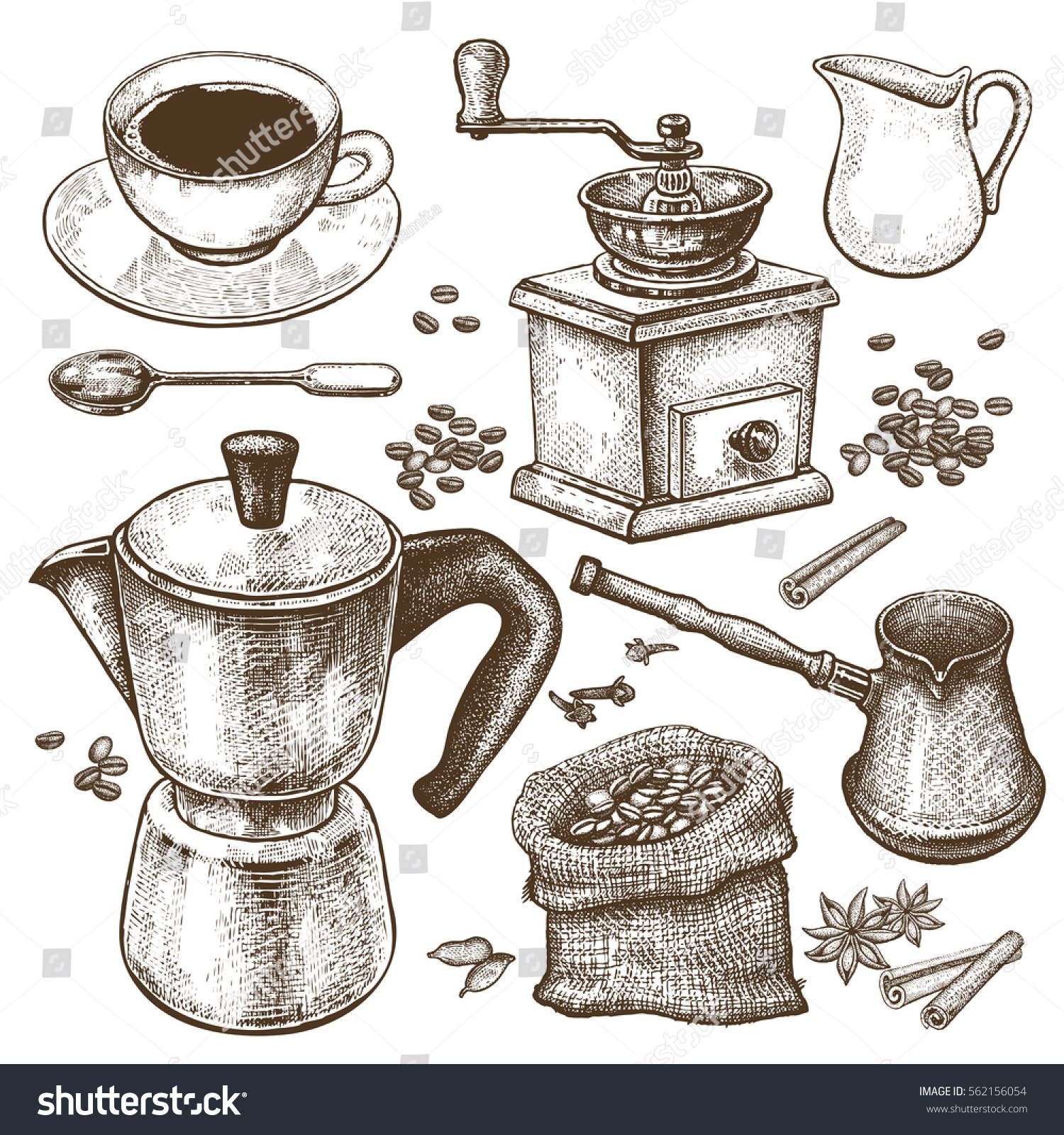 SVG of Hand drawing illustration Coffee time. Coffeepot, Turkish ibrik, coffee-grinder, cup, milk jug, dessert spoon, coffee beans, spices cinnamon and star anise isolated on white background. Vintage art. svg