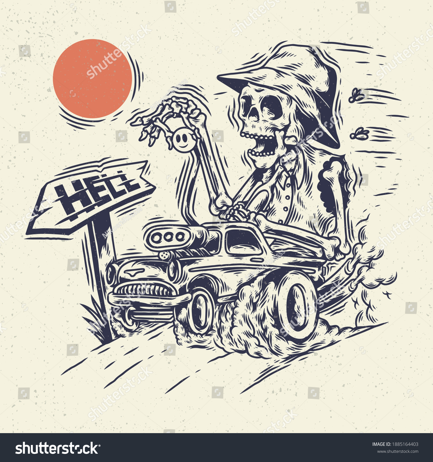 SVG of Hand drawing illustration skeleton skull, the concept from skeleton riding the hot rod car. Design for tshirt design or merchandise svg