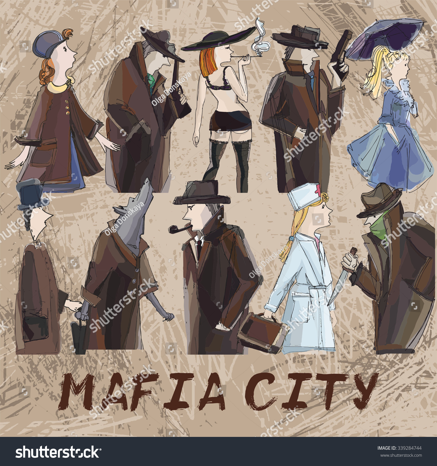 Hand Drawing Mafia City Characters Role Stock Vector Royalty Free 339284744