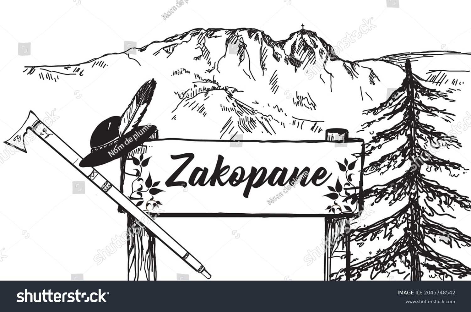 SVG of Hand drawing showing a wooden plaque with the name of the city of Zakopane, mountains and symbols of highlander folklore. svg