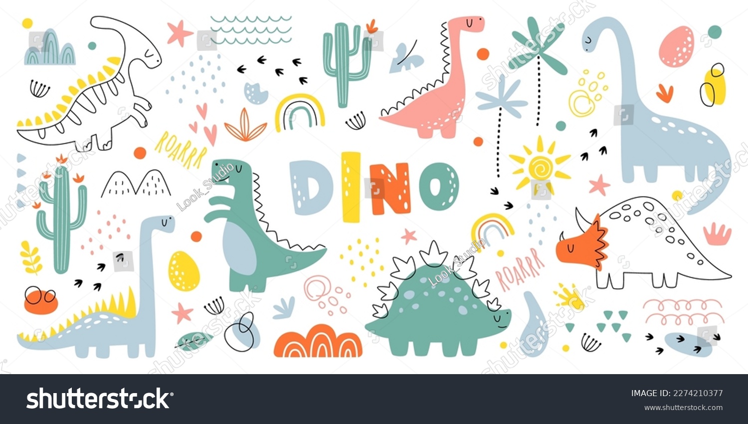 SVG of Hand drawn abstract shapes flat icons set. Minimalistic colorful dinosaur arts. Jurassic period. Rainbow, eggs, footprint and plants decor elements. Color isolated illustrations svg
