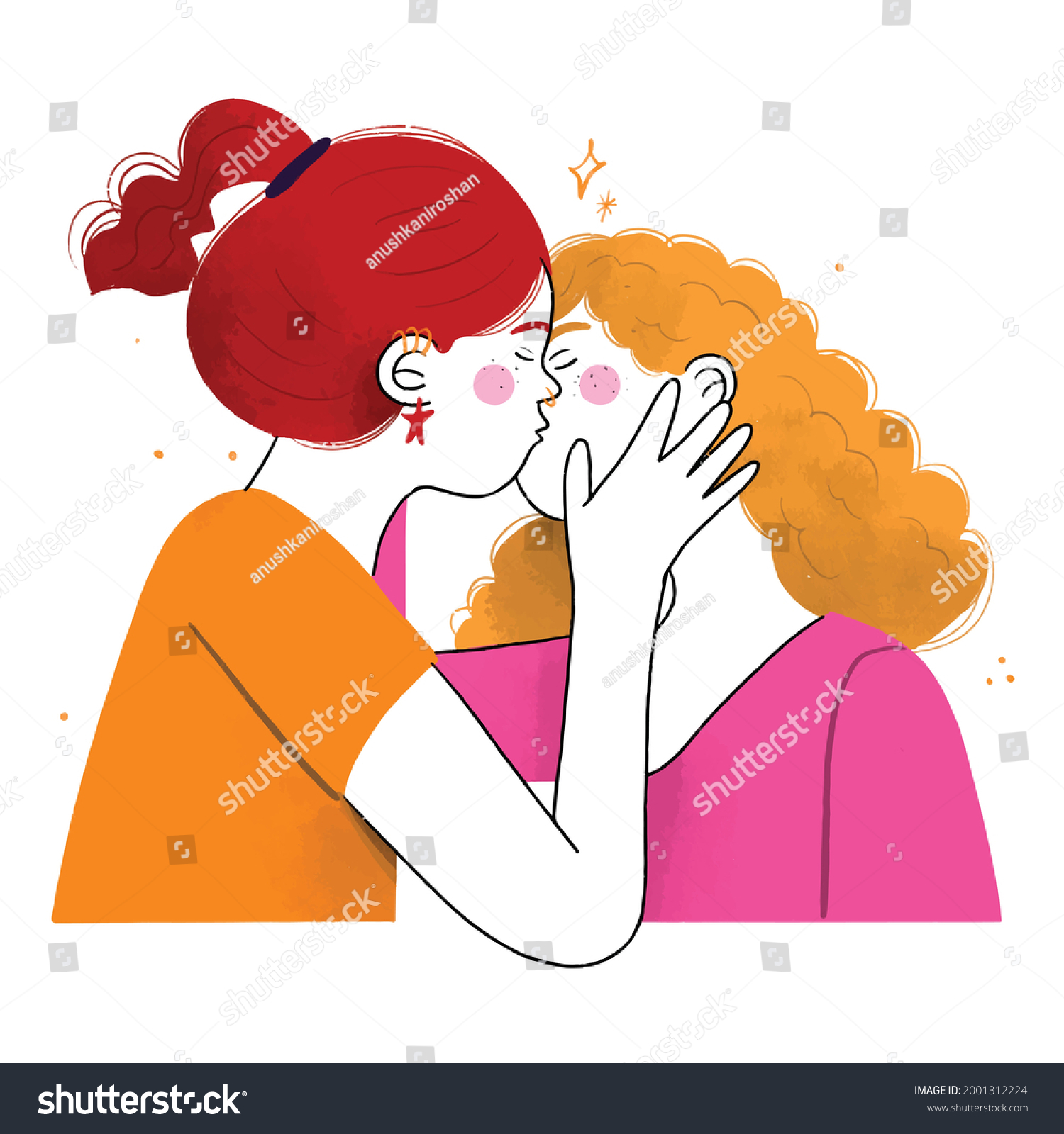 Hand Drawn Affectionate Lesbian Kiss Stock Vector Royalty Free