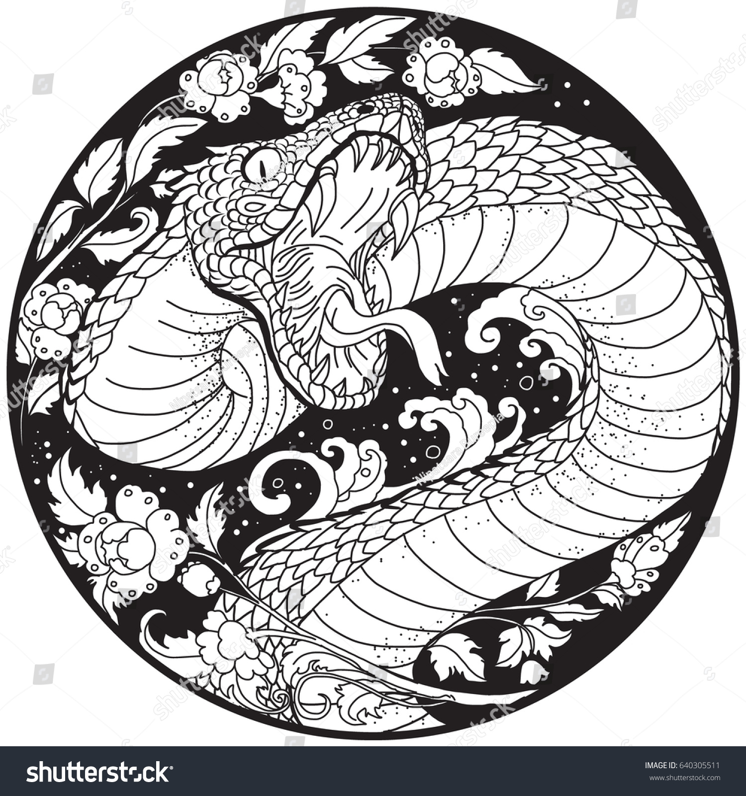 Hand Drawn Asian Tattoo Design Snake Stock Vector Royalty Free 640305511