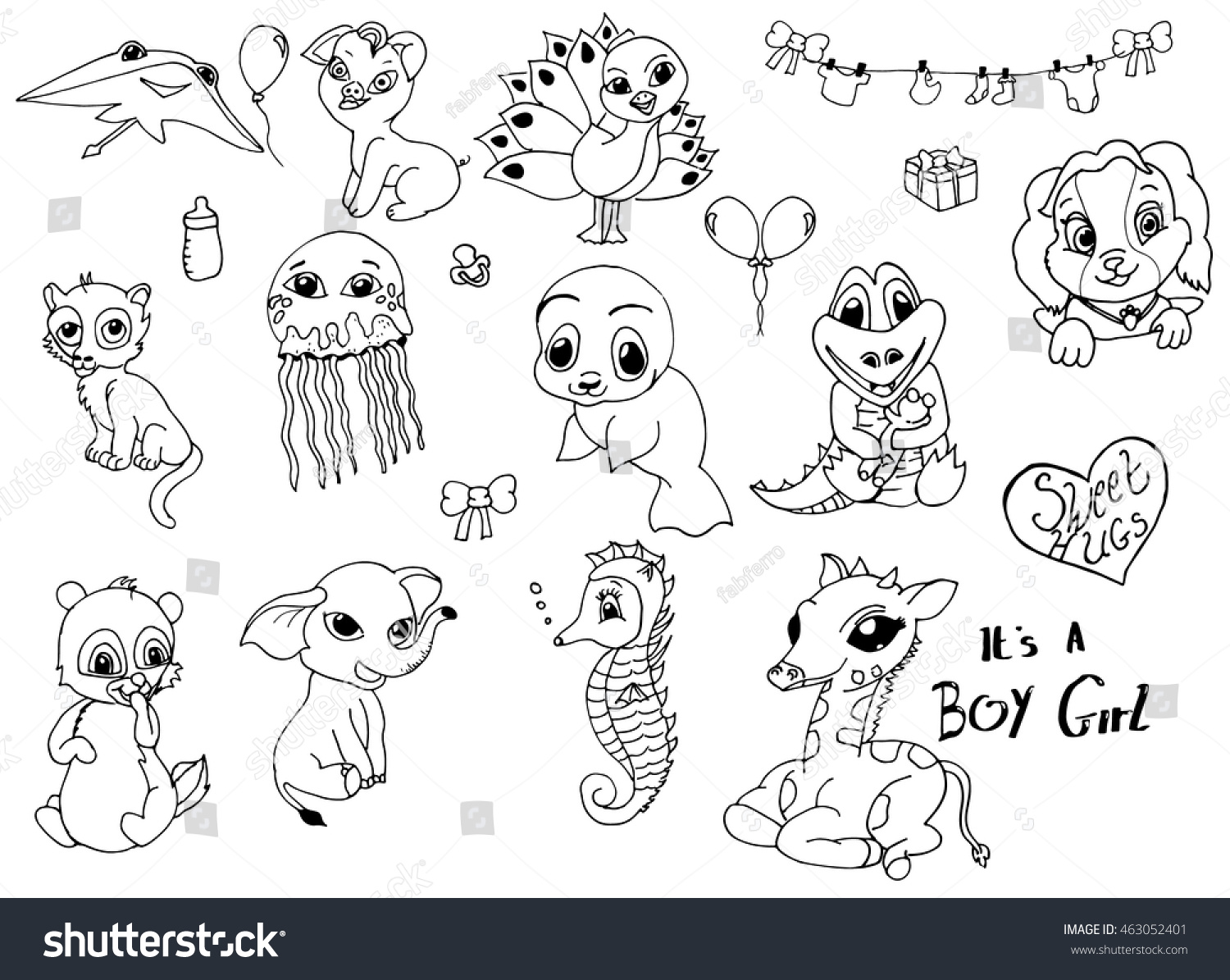 Hand Drawn Baby Animals Stock Vector Illustration 463052401 : Shutterstock