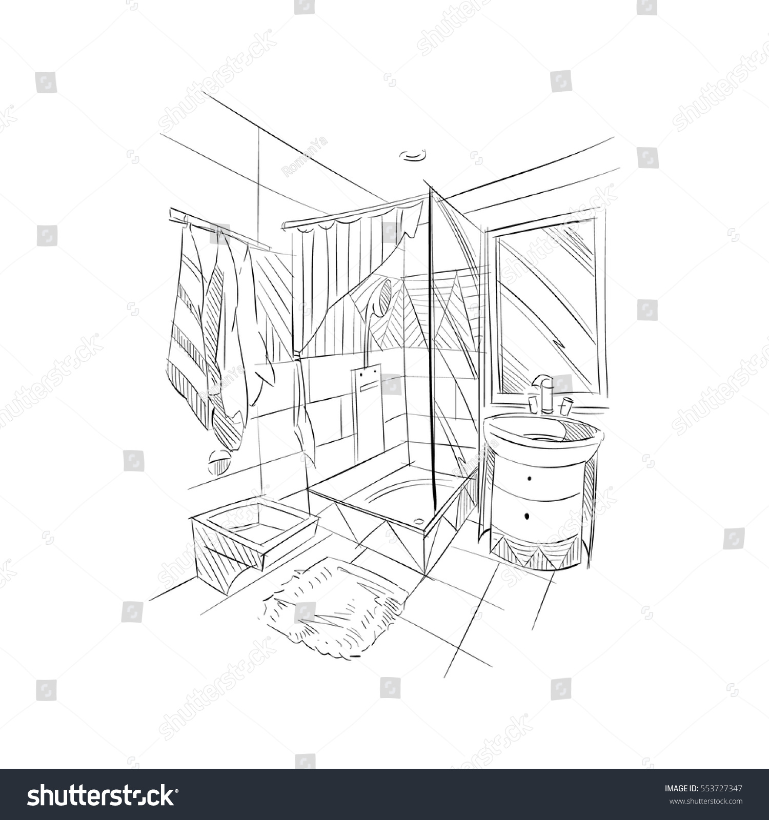 Hand Drawn Bathroom Interior Sketch Design Stock Vector (Royalty Free ...