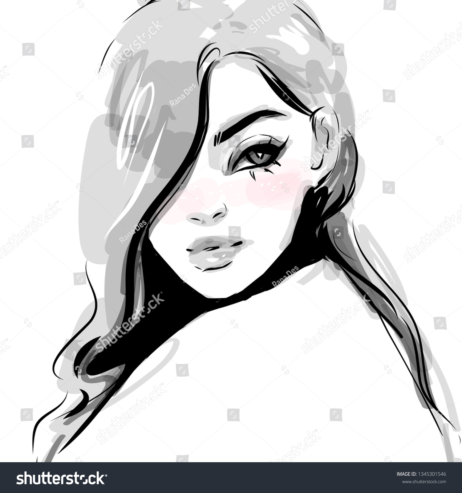 Hand drawn beautiful girl face black royalty free stock image