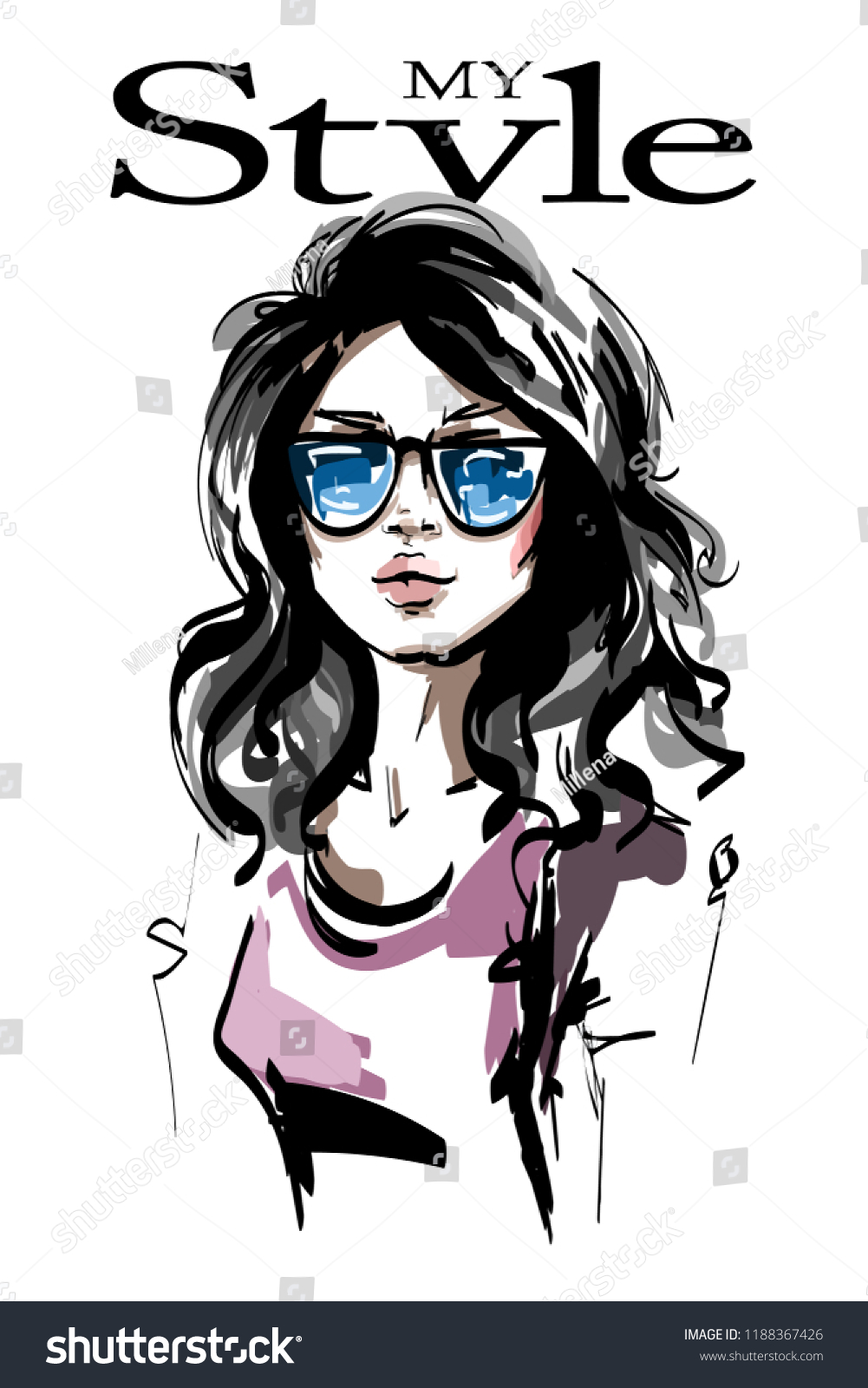 Hand Drawn Beautiful Young Woman Sunglasses Stock Vector