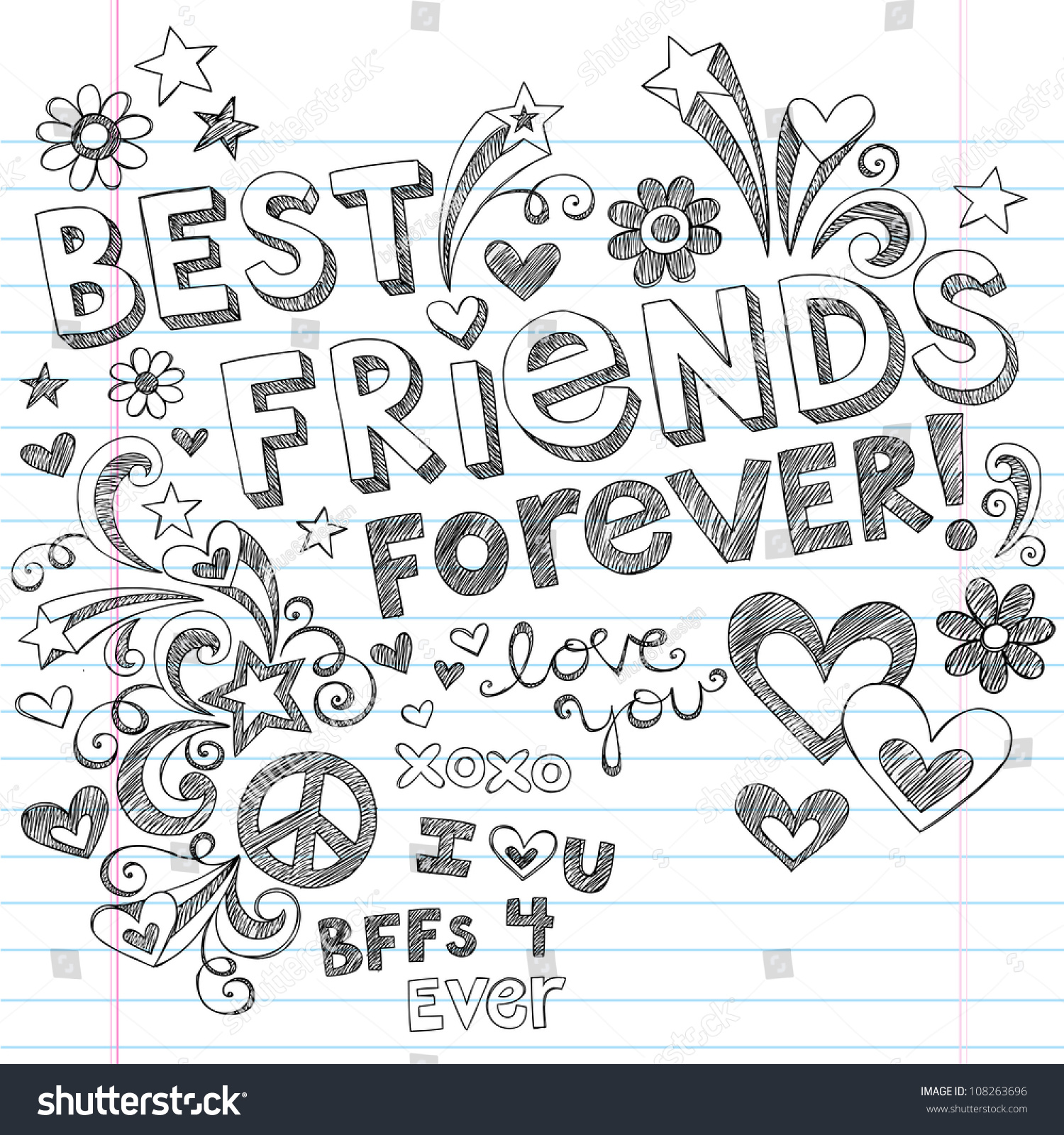 Hand Drawn Best Friends Forever Love Hearts Stock Vector Royalty