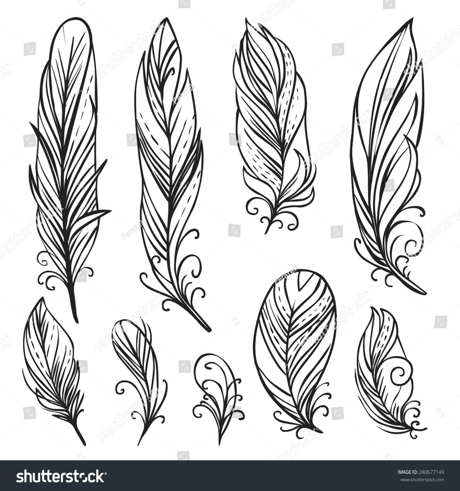 Hand Drawn Bird Feathers Vector Set Stock Vector (Royalty Free ...