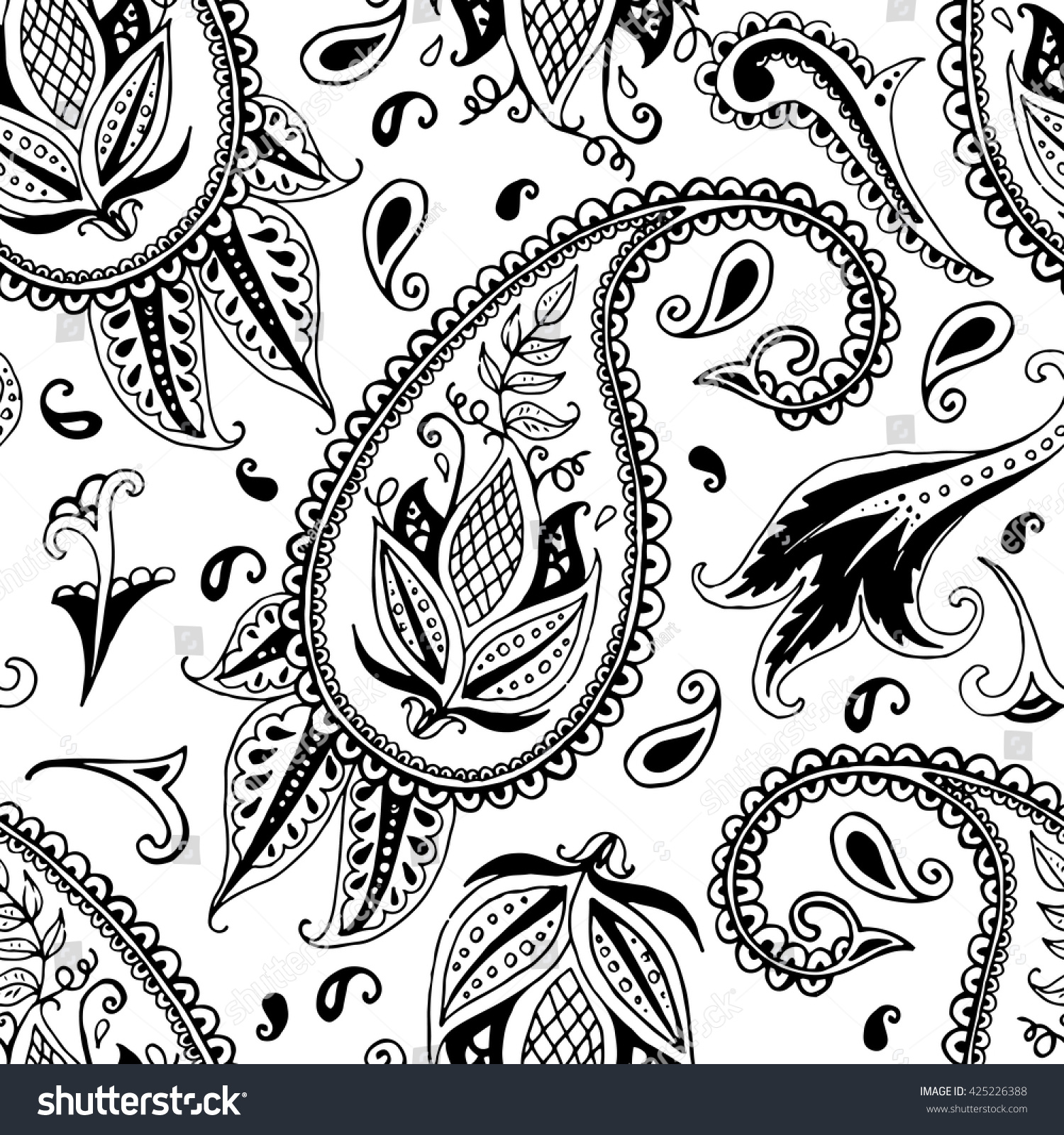 Hand Drawn Black And White Paisley Seamless Pattern Stock Vector ...