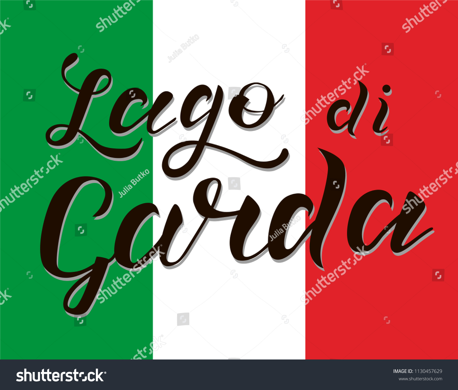 SVG of Hand drawn black lettering text Lago di Garda on background with Italy flag. Lake in Italy. Modern calligraphy vector Illustration. Print for logo, travel, flyer, map, catalog, web site, blog, banner. svg