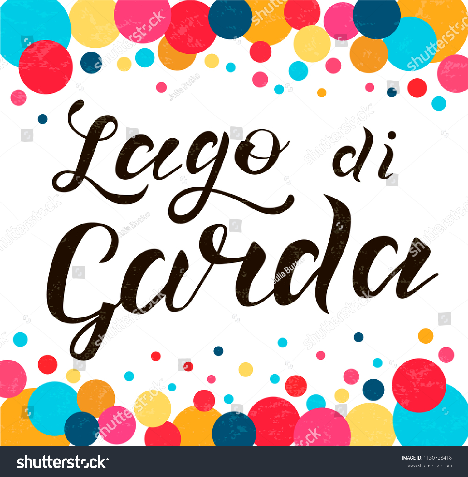 SVG of Hand drawn black lettering text Lago di Garda with colored circles. Lake in Italy. Modern calligraphy vector Illustration. Print for logo,blogger, travel, map, catalog, web site, poster, blog, banner. svg