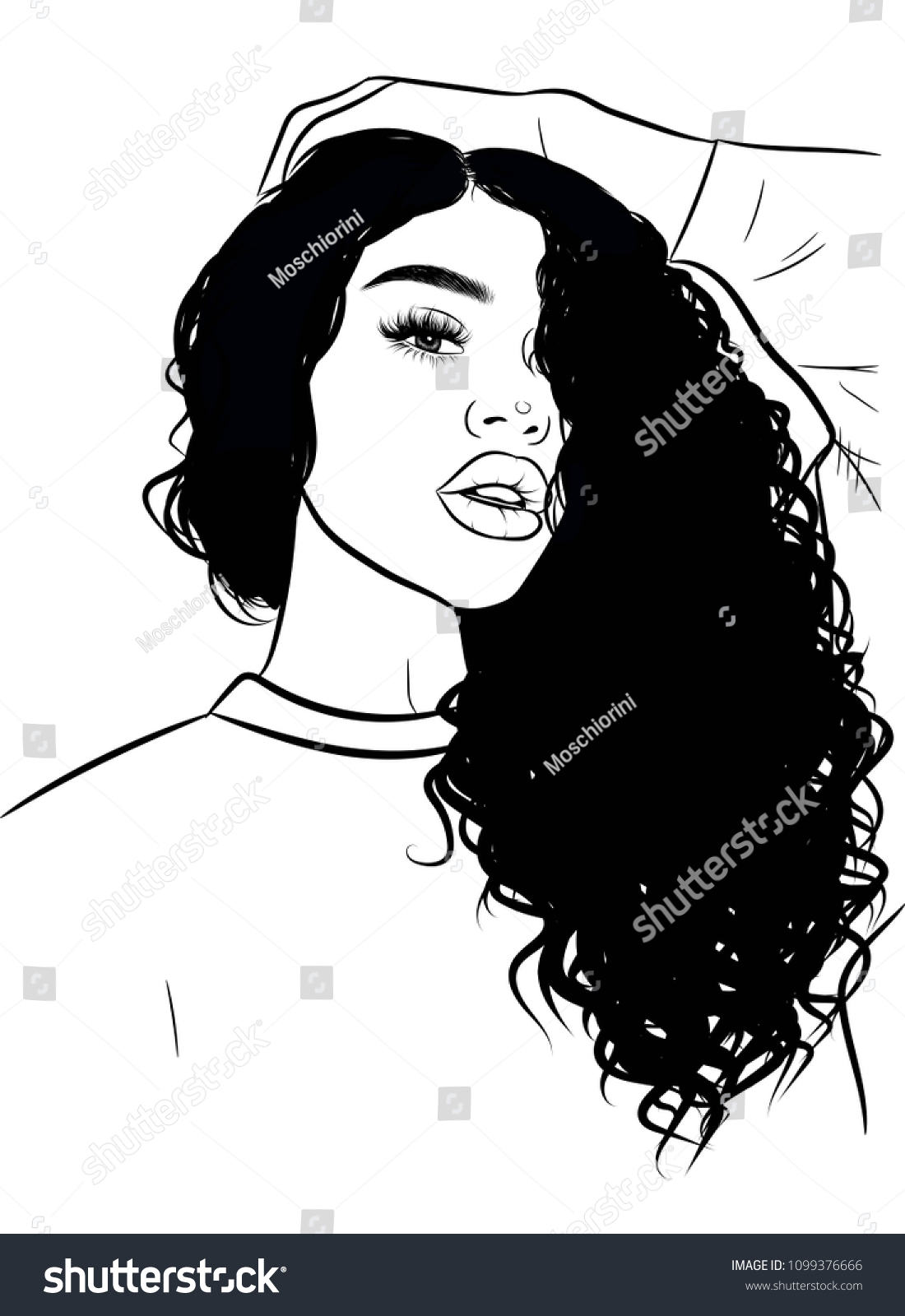 Handdrawn Black Woman Curly Luxurious Hair Stock Vector Royalty Free 1099376666