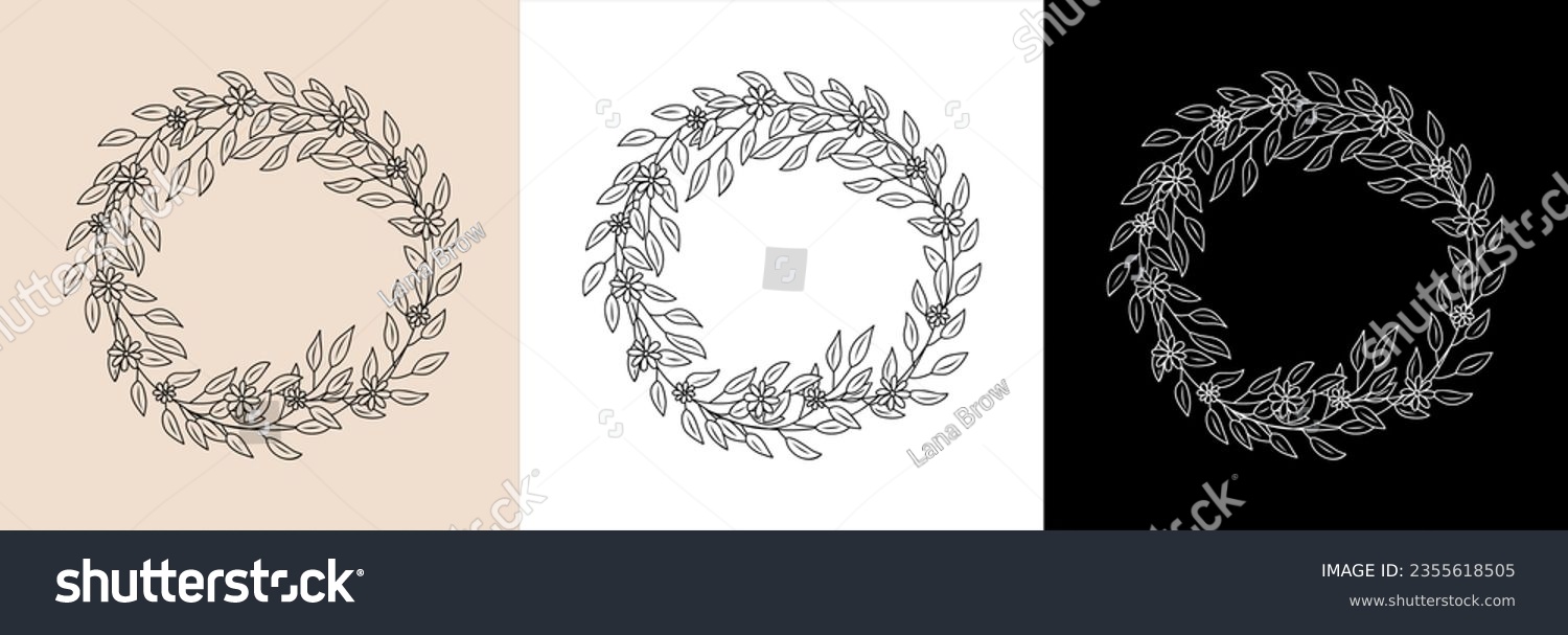 SVG of Hand drawn botanical wreath line art vector illustration isolated on white, beige background. Circle frame with leaves and flowers in black ink sketch style. Elegant decorative design element svg