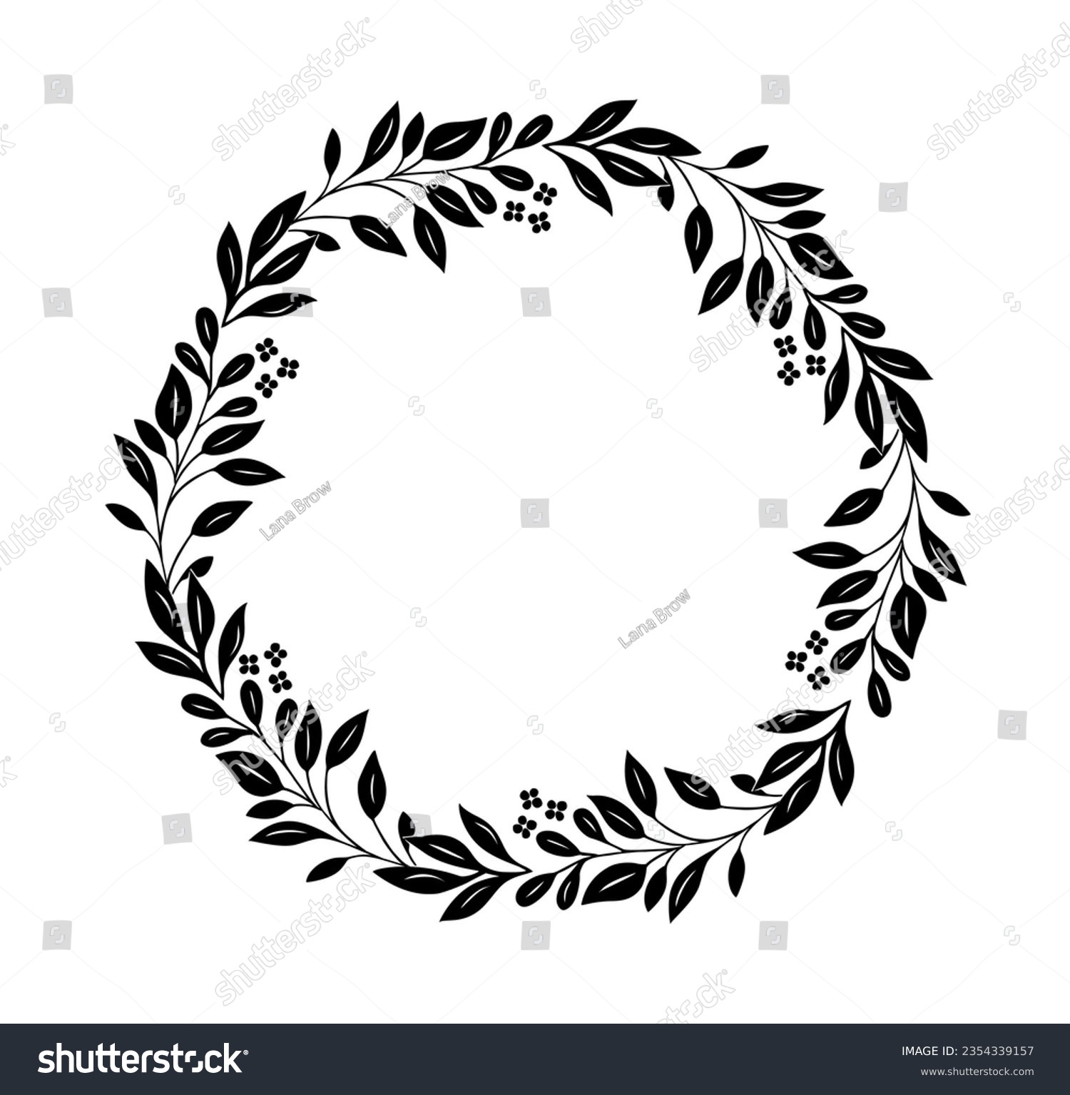 SVG of Hand drawn botanical wreath silhouette vector illustration isolated on white background. Circle frame with leaves and flowers black monochrome drawing. Elegant decorative design element svg