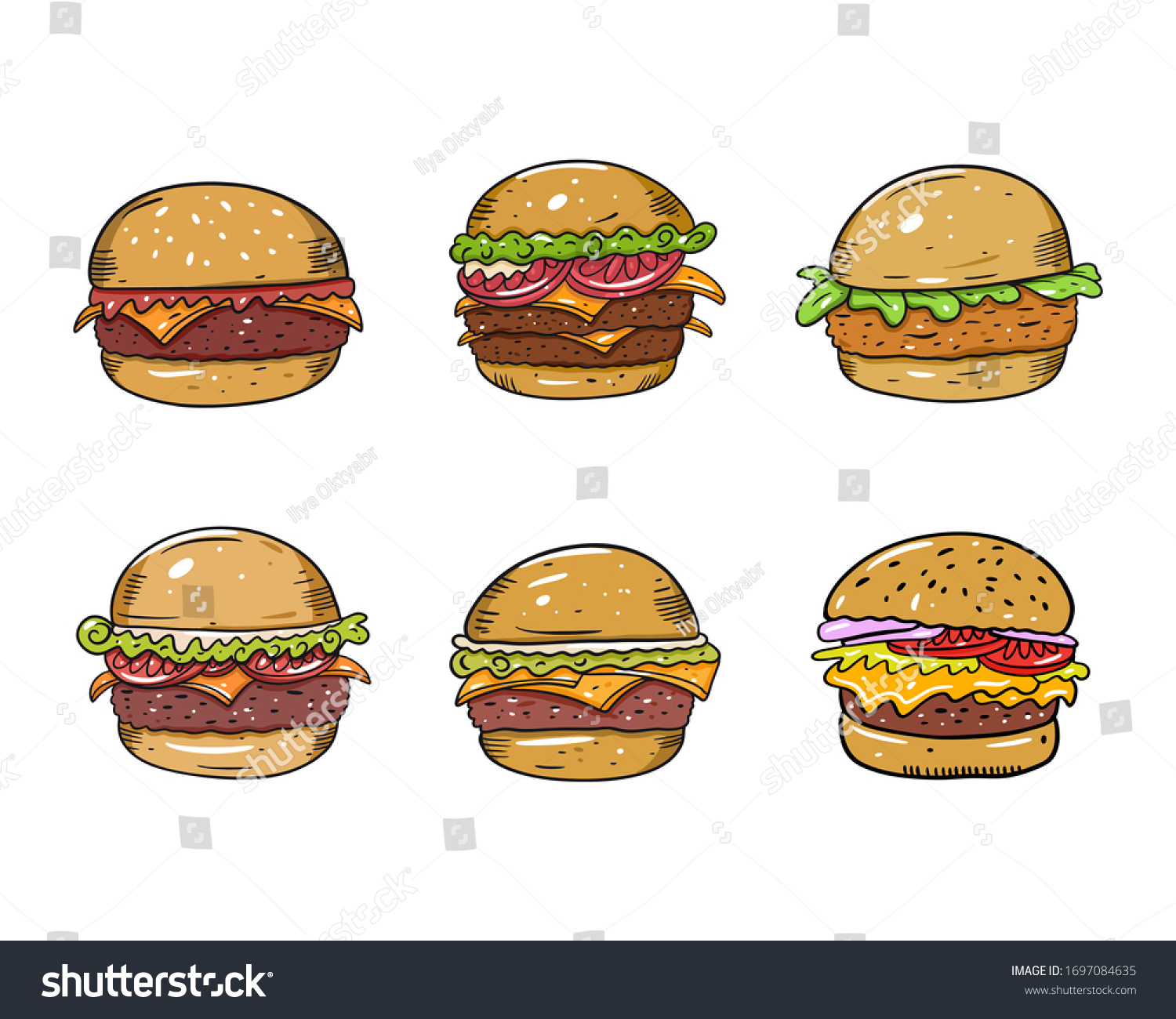 Hand Drawn Burgers Set Flat Vector Stock Vector Royalty Free 1697084635 Shutterstock