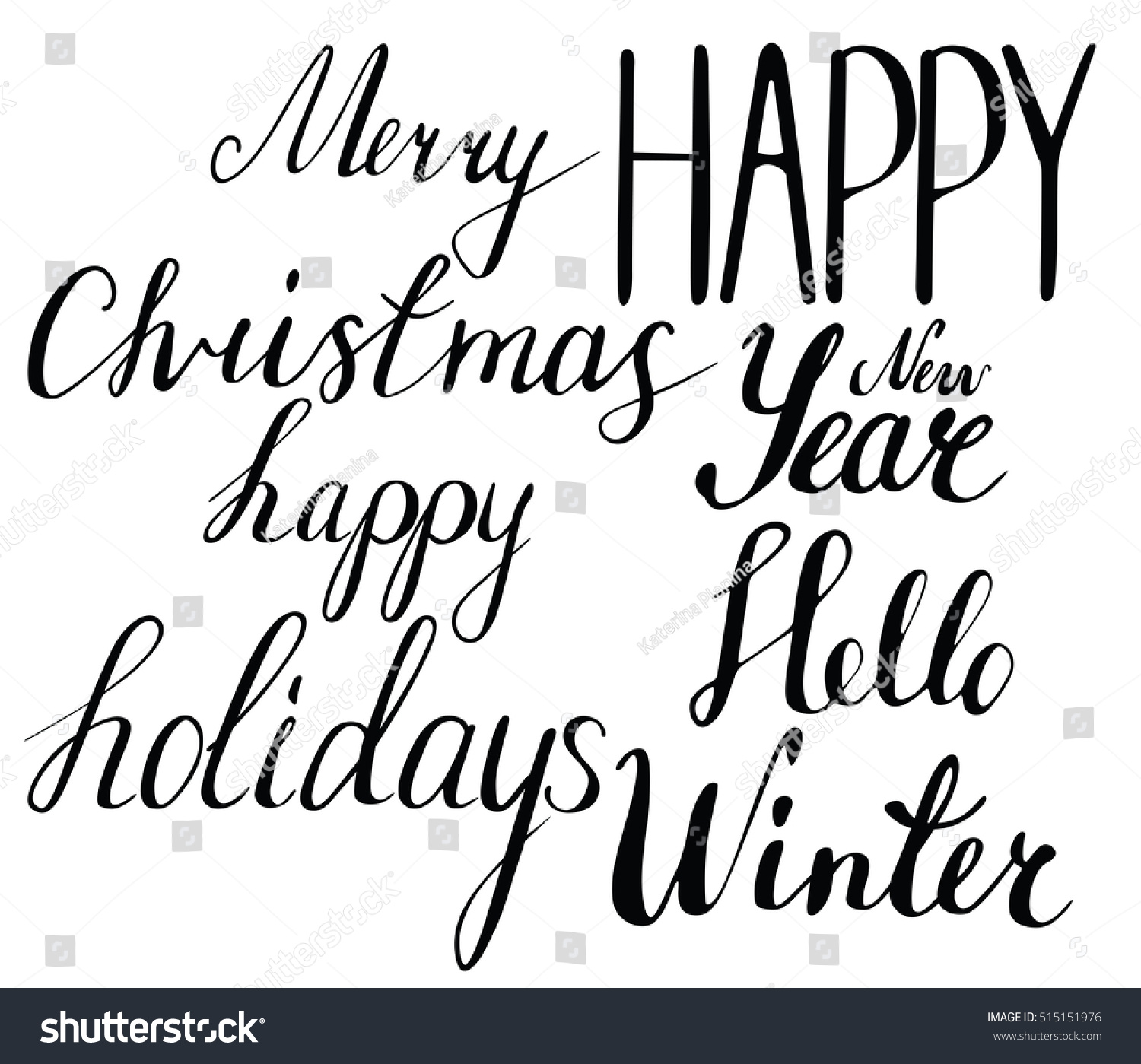Hand drawn calligraphy words Merry Christmas Happy New Year Hello Winter Happy